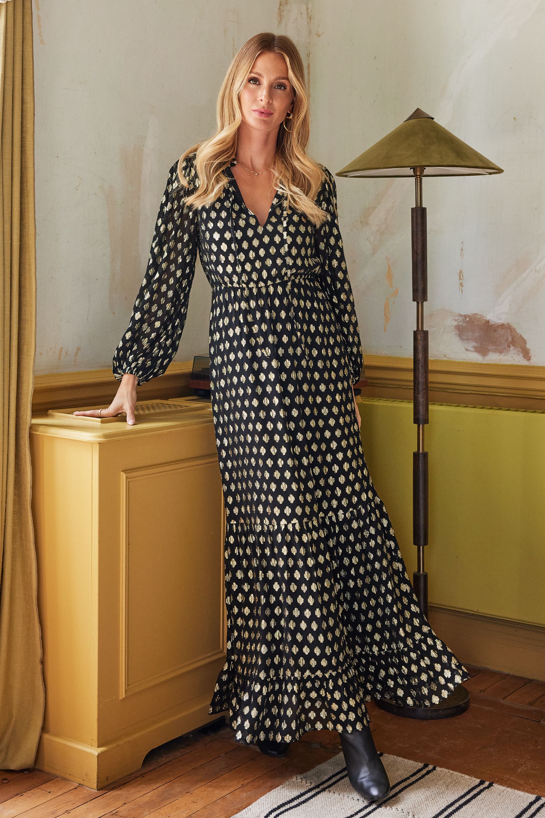 Buy Friends Like These Black V Neck Jacquard Long Sleeve Midaxi Dress from Next Luxembourg