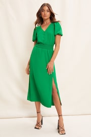 Friends Like These Bright Green Puff Sleeve Ruched Waist V Neck Midi Summer Dress - Image 1 of 4