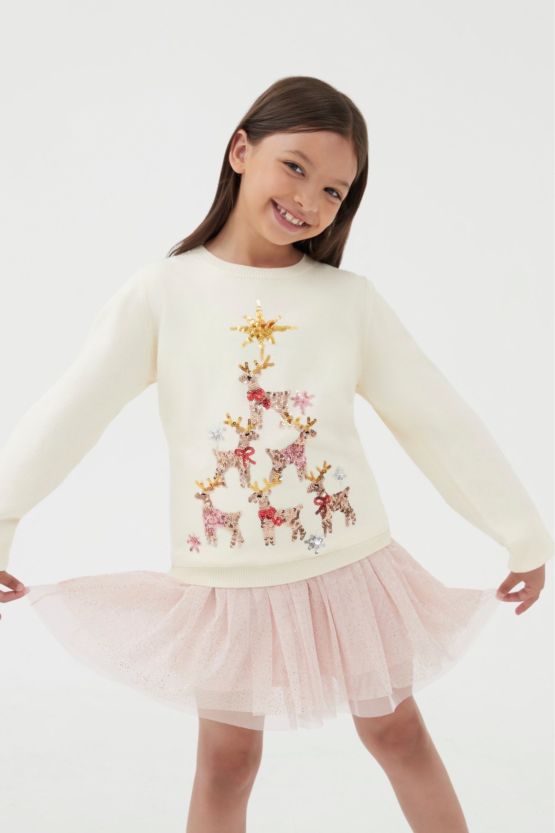 Society 8 White Reindeer Christmas Jumper - Girls - Image 3 of 4