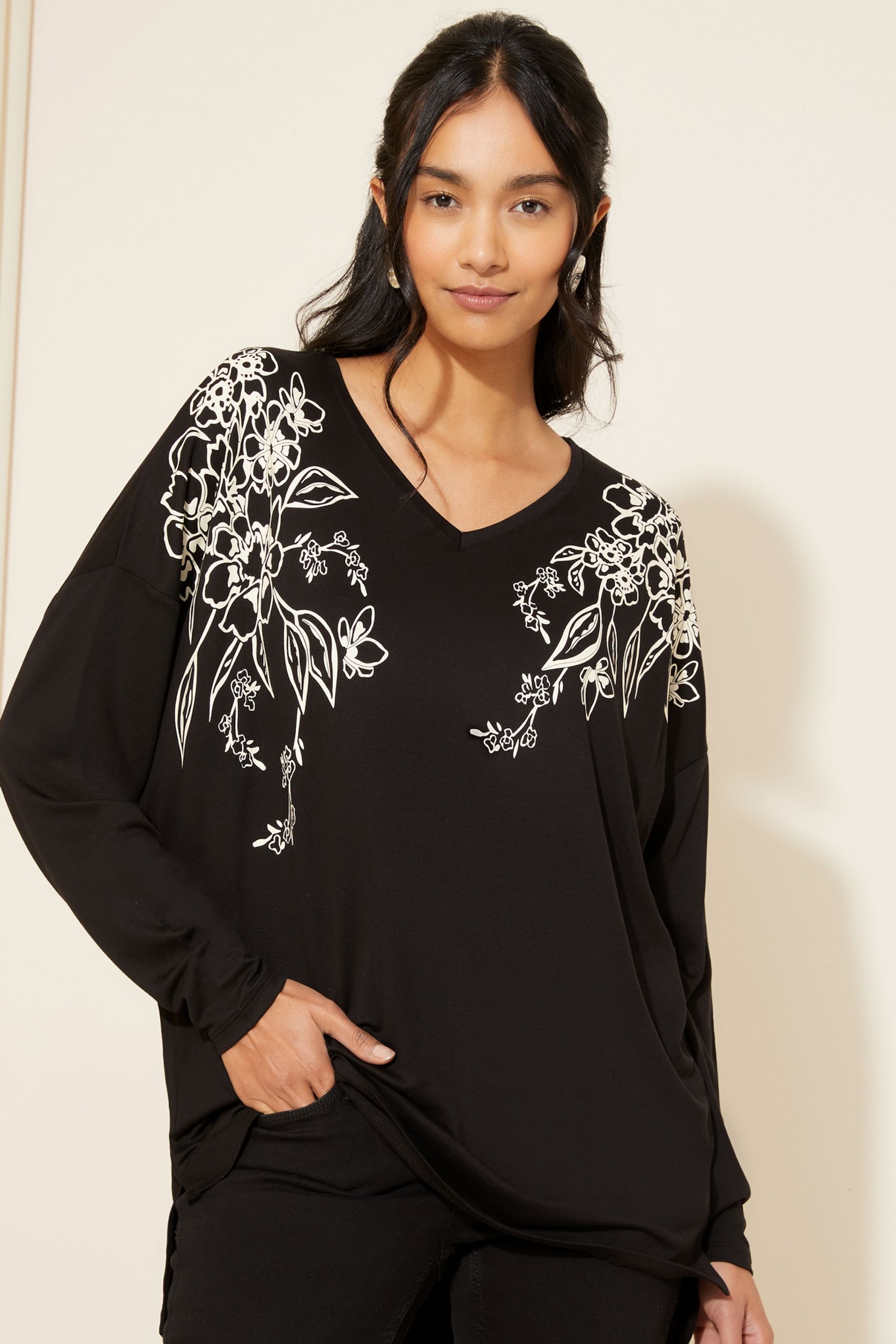 Friends Like These Black Floral Short Sleeve V Neck Tunic Top - Image 1 of 4