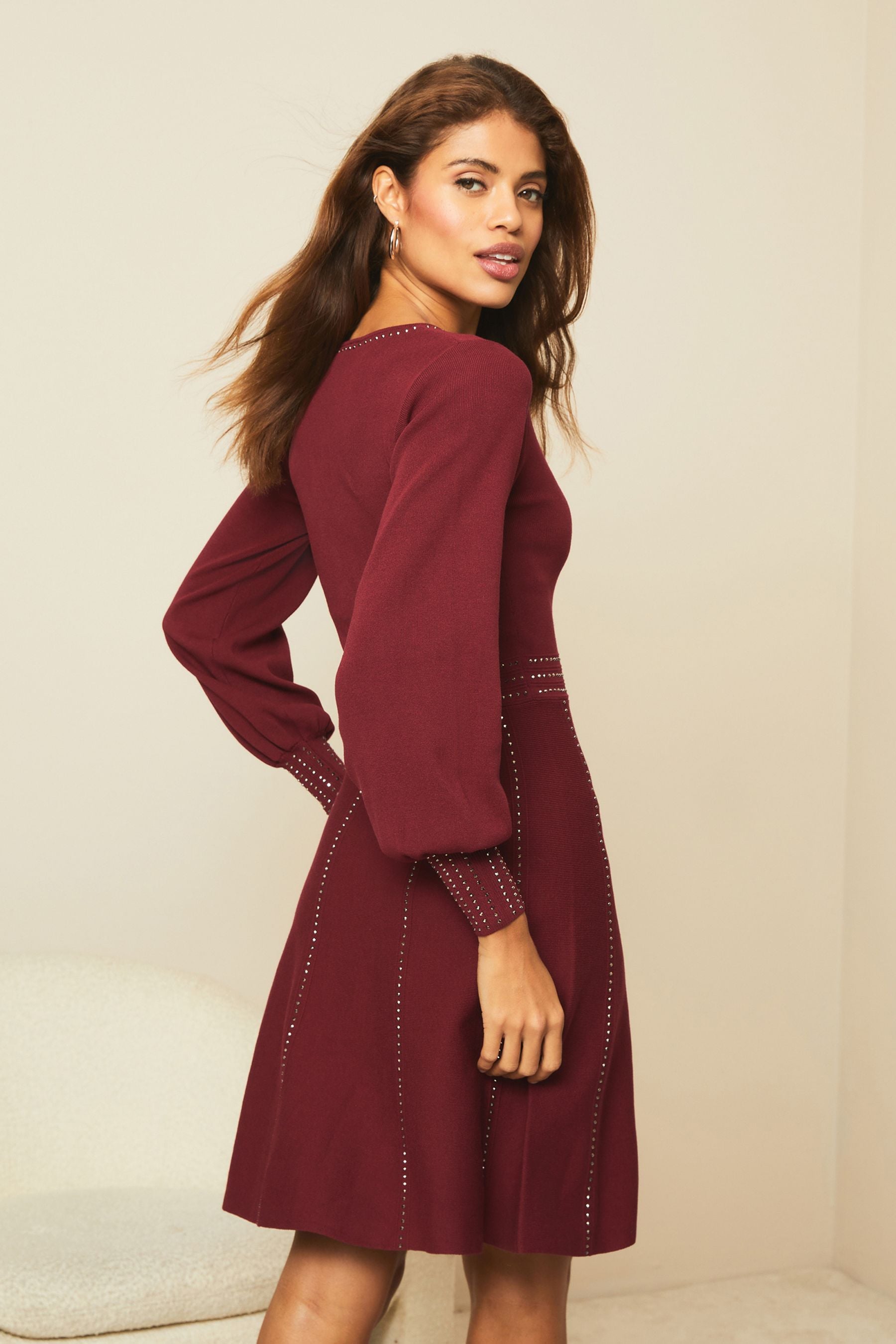 Buy Lipsy Berry Red Regular Knitted Embellished fit and flare dress from Next Luxembourg
