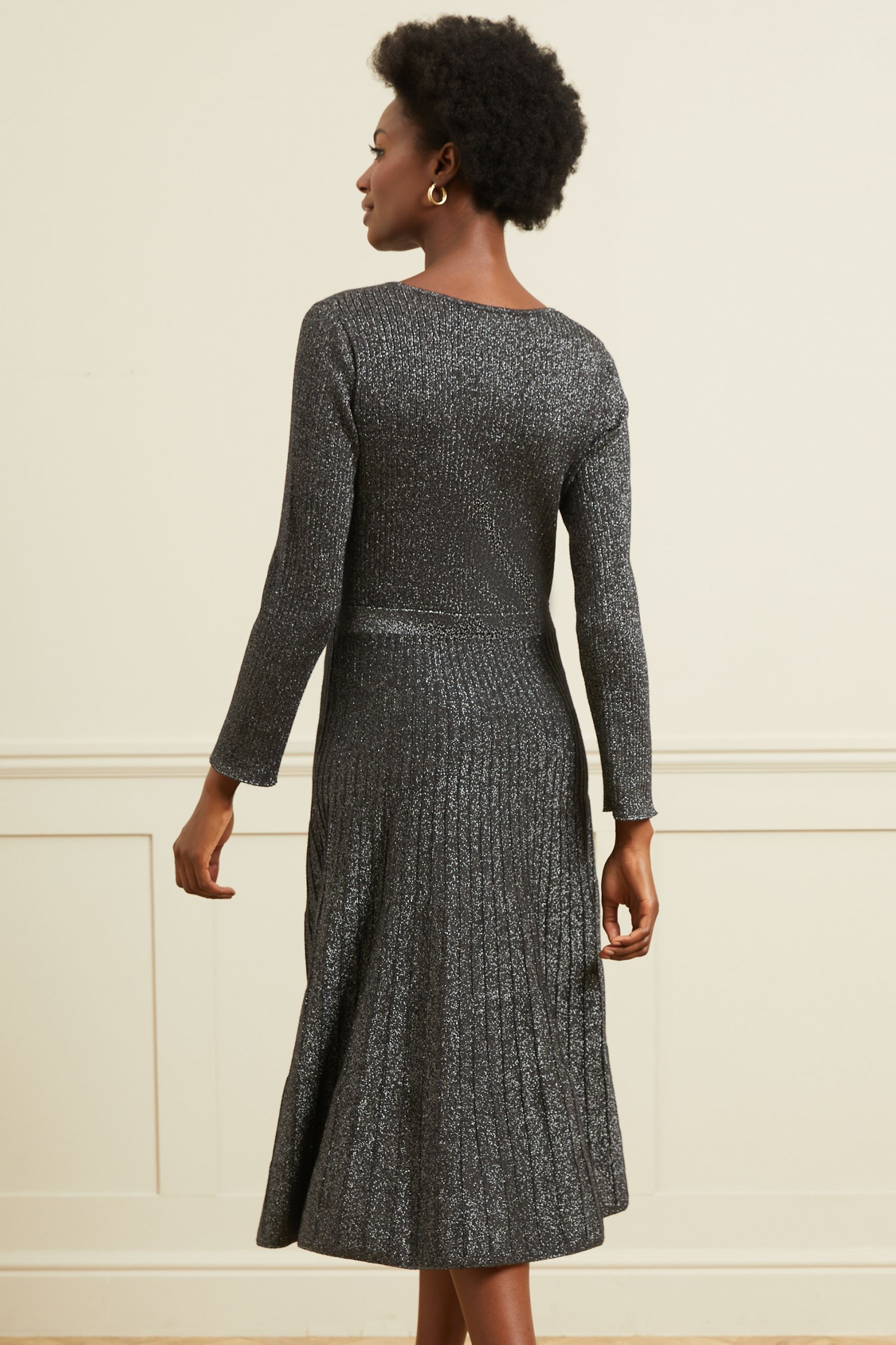 Buy Love Roses Black Metallic Metallic Knitted Fit and Flare Midi Dress from Next Latvia