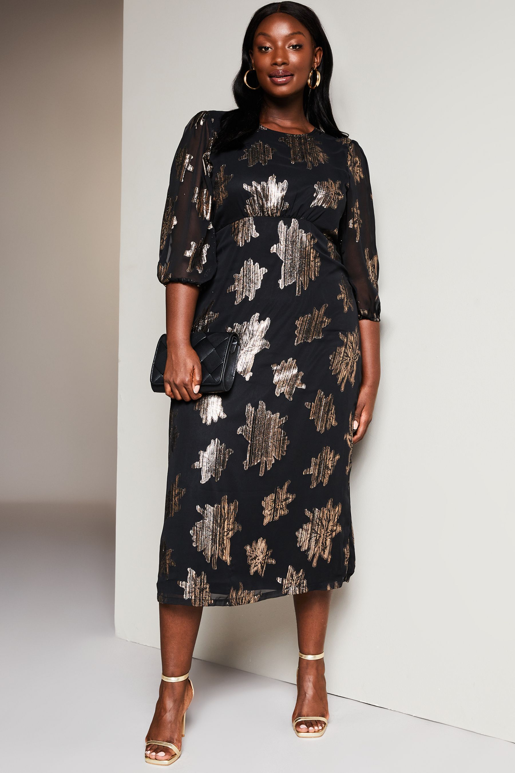 Buy Lipsy Black Curve Foil Leaf Underbust 3 4 Sleeves Midi Dress from Next Luxembourg