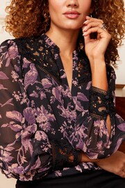 Love & Roses Pink and Black Floral Lace Yoke Ruffle Neck Button Through Blouse - Image 2 of 4