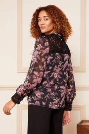 Love & Roses Pink and Black Floral Lace Yoke Ruffle Neck Button Through Blouse - Image 3 of 4