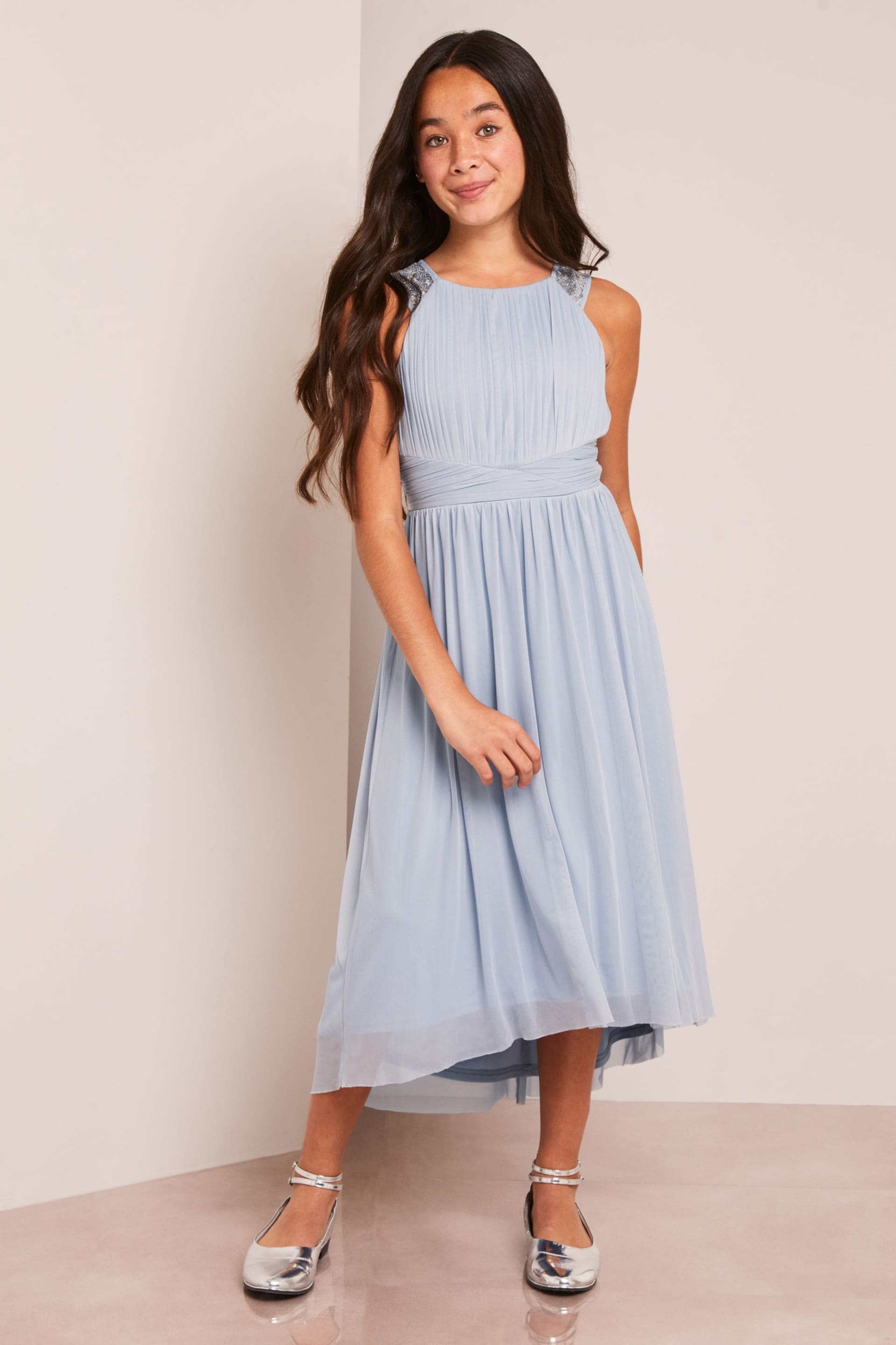 Lipsy Dusky Blue Embellished Strap Midi Occasion Dress - Image 1 of 4