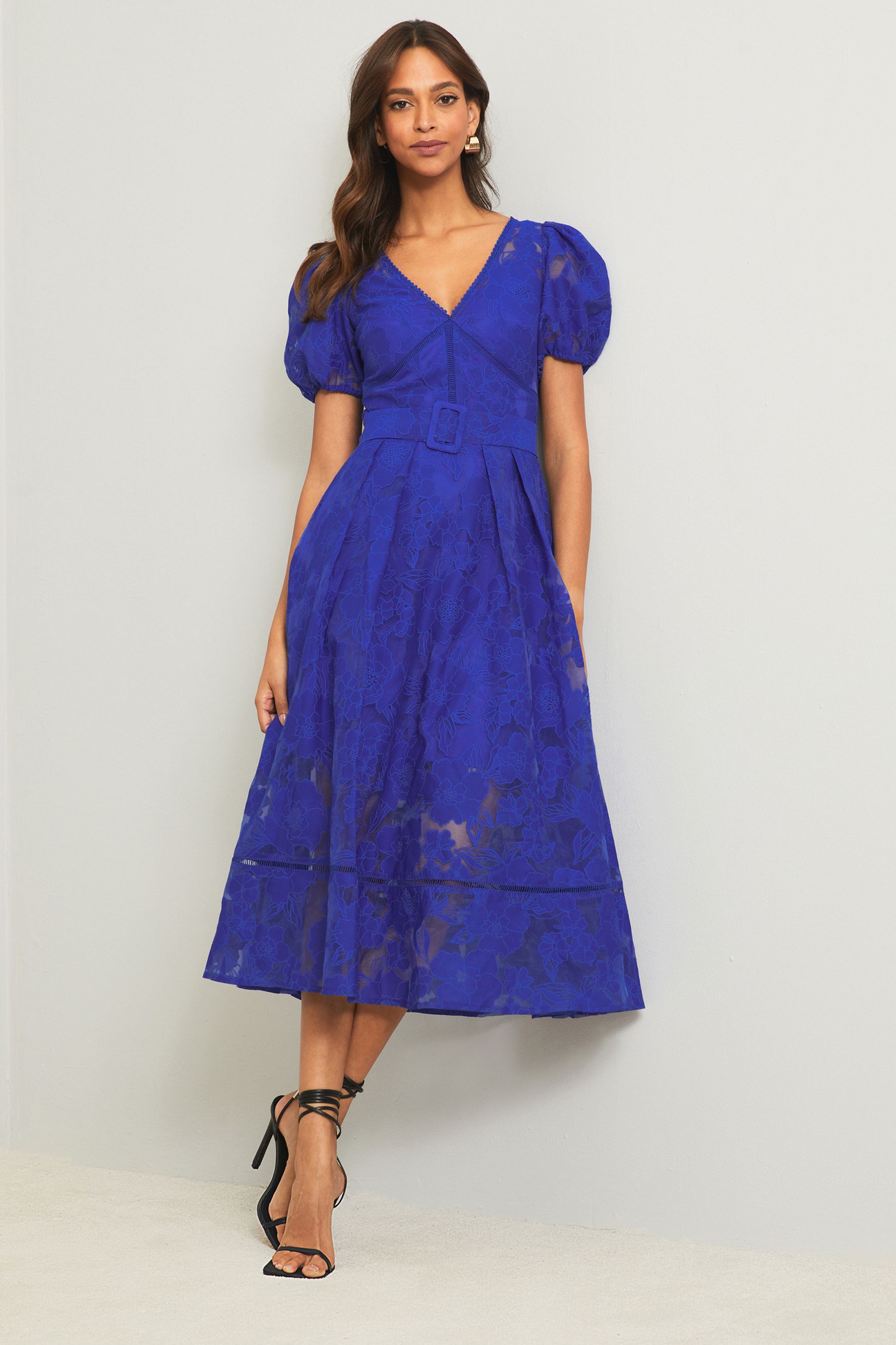 Buy Lipsy Cobalt Blue Premium Burnout V Neck Belted Puff Sleeve Skater Midi Dress from Next Austria