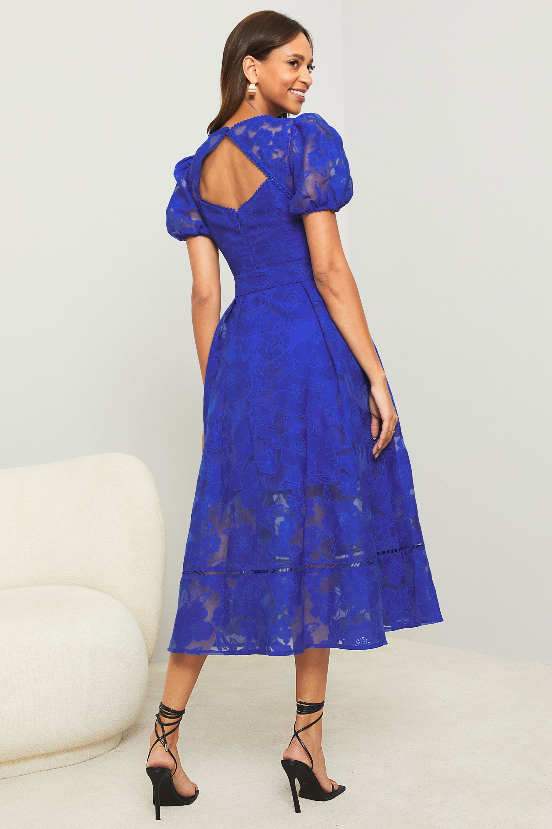 Buy Lipsy Cobalt Blue Premium Burnout V Neck Belted Puff Sleeve Skater Midi Dress from Next Luxembourg