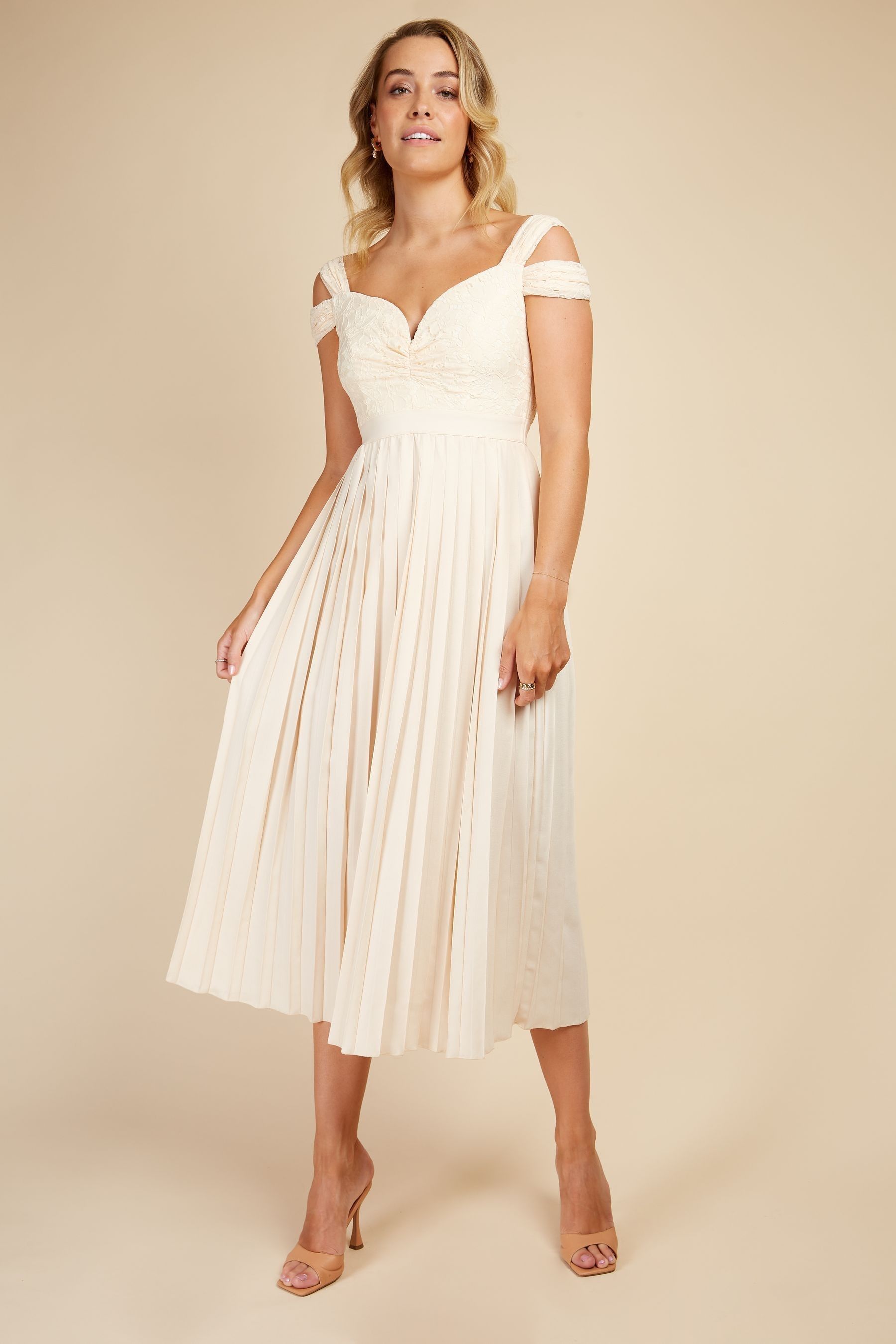 Buy Little Mistress White Cream Cold Shoulder Pleated Midi Dress from Next Luxembourg