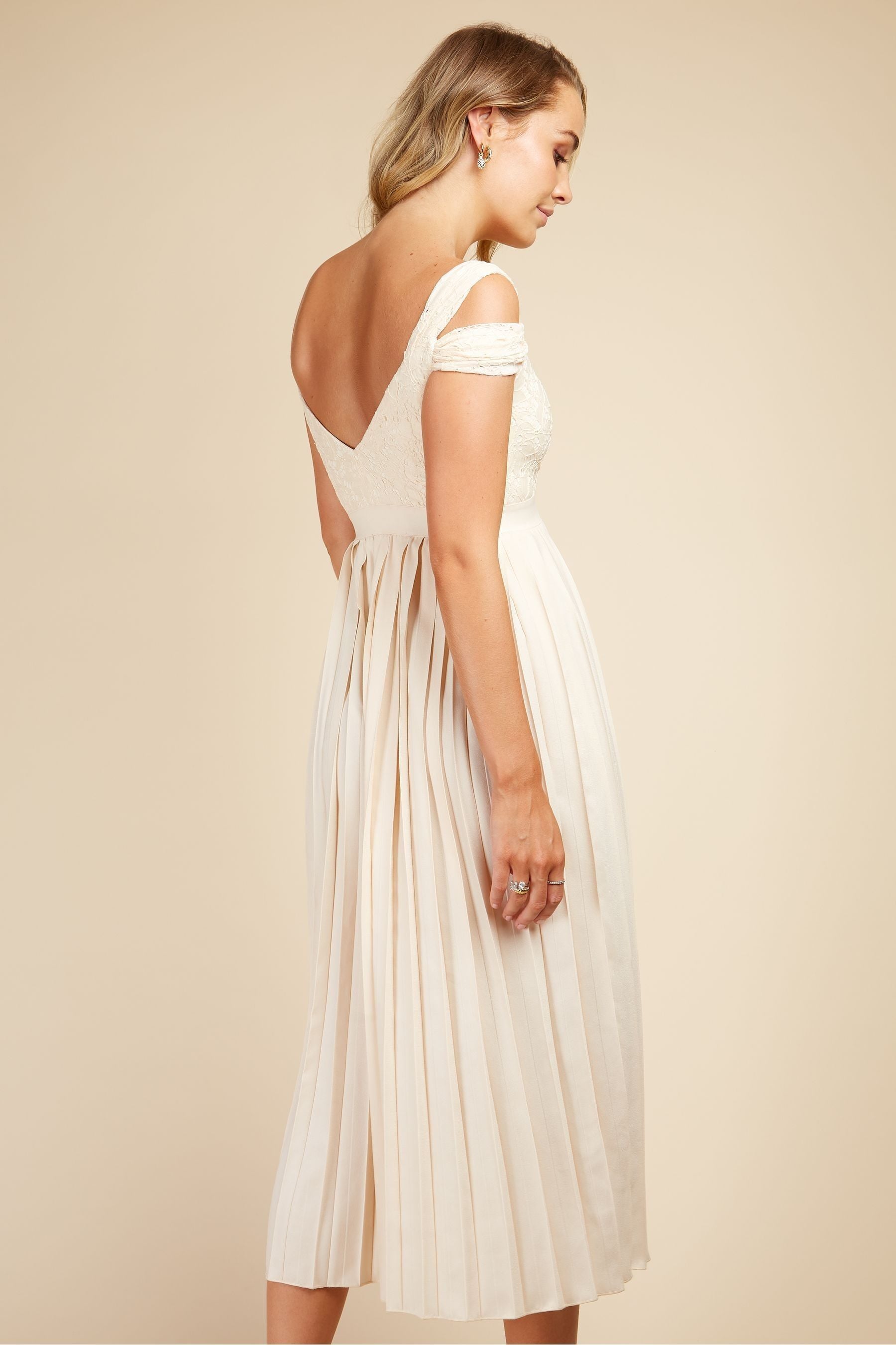 Buy Little Mistress White Cream Cold Shoulder Pleated Midi Dress from Next Luxembourg