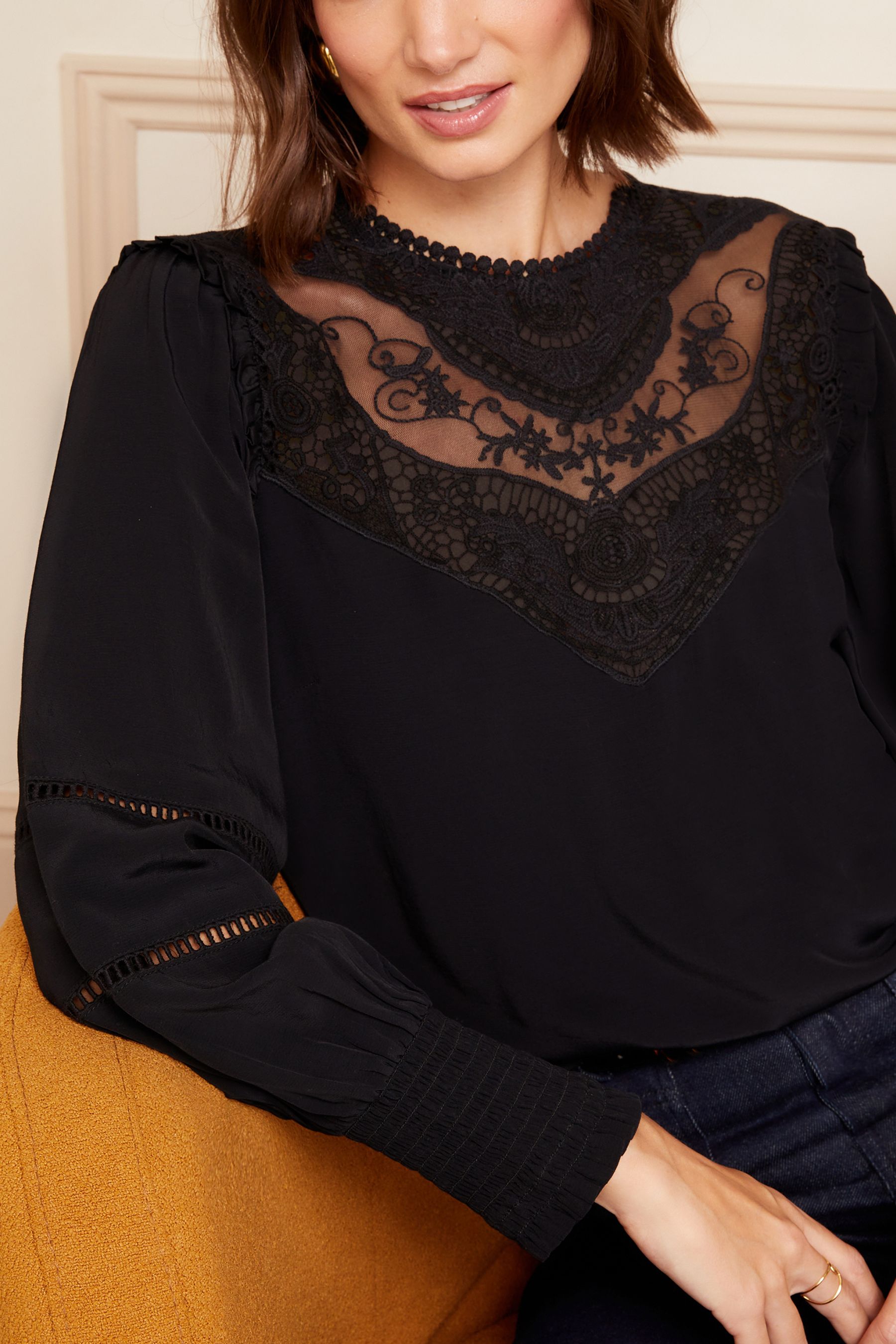 Buy Love Roses Black Long Sleeve Lace Insert Blouse from Next Luxembourg