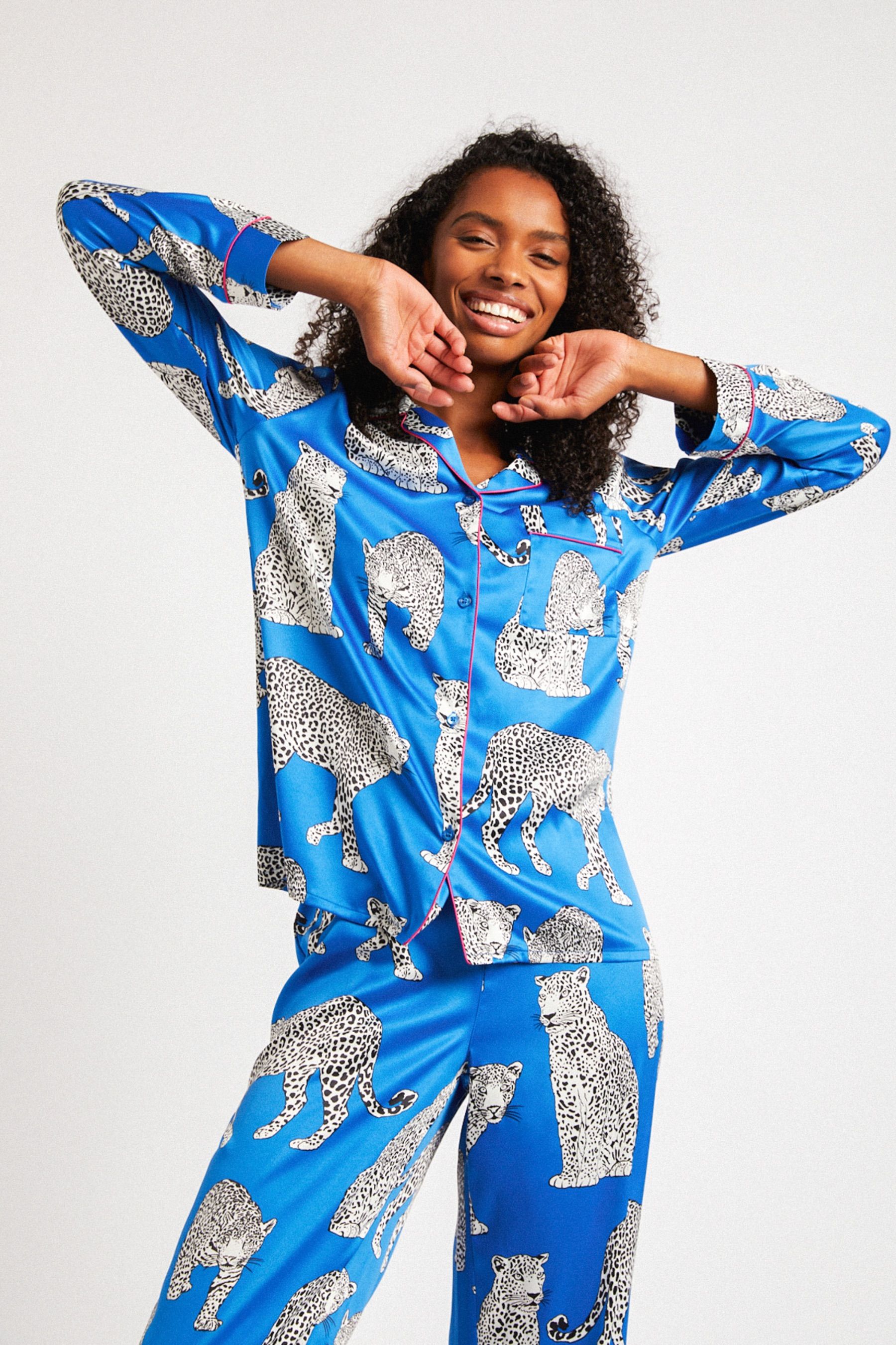 Buy Chelsea Peers Blue Leopard Satin Button Up Pyjama Set from Next Luxembourg