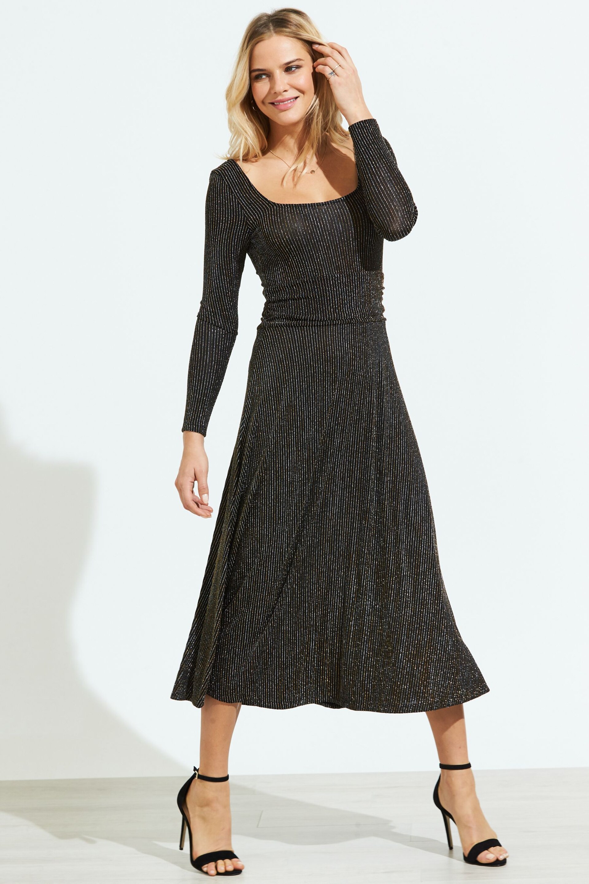 Sosandar Black Stripe Crossover Back Midi Dress - Image 3 of 6