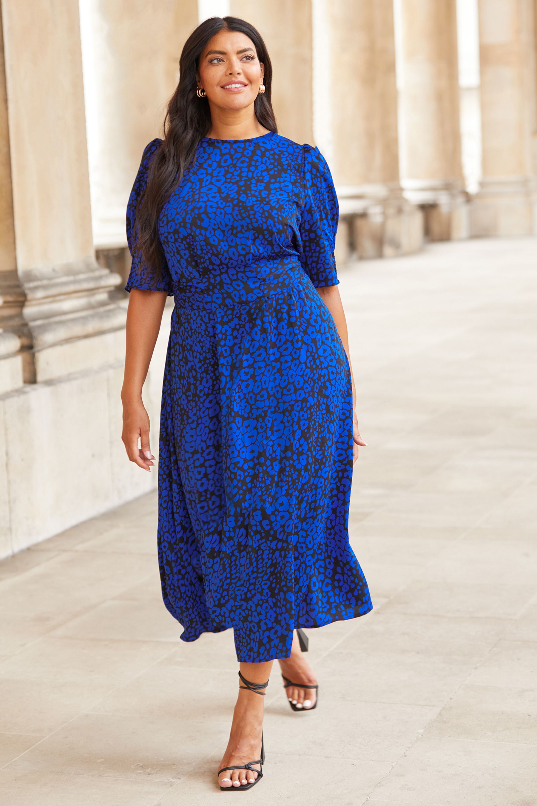 Buy Lipsy Blue Animal Curve Puff Sleeve Tie Waist Summer Midi Dress from Next Belgium