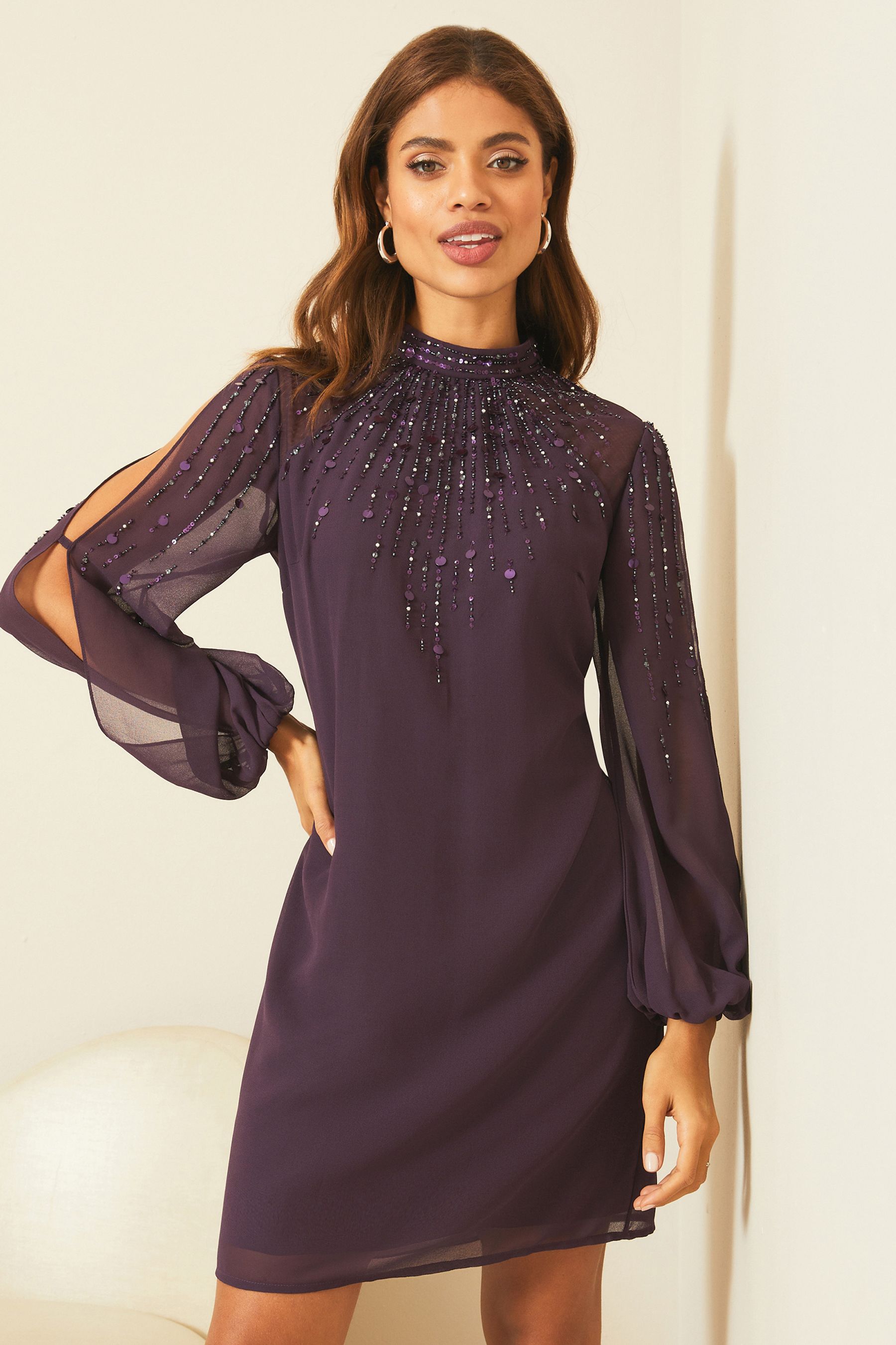 Buy Lipsy Purple Regular Embellished Long Sleeve Shift Dress from Next Luxembourg