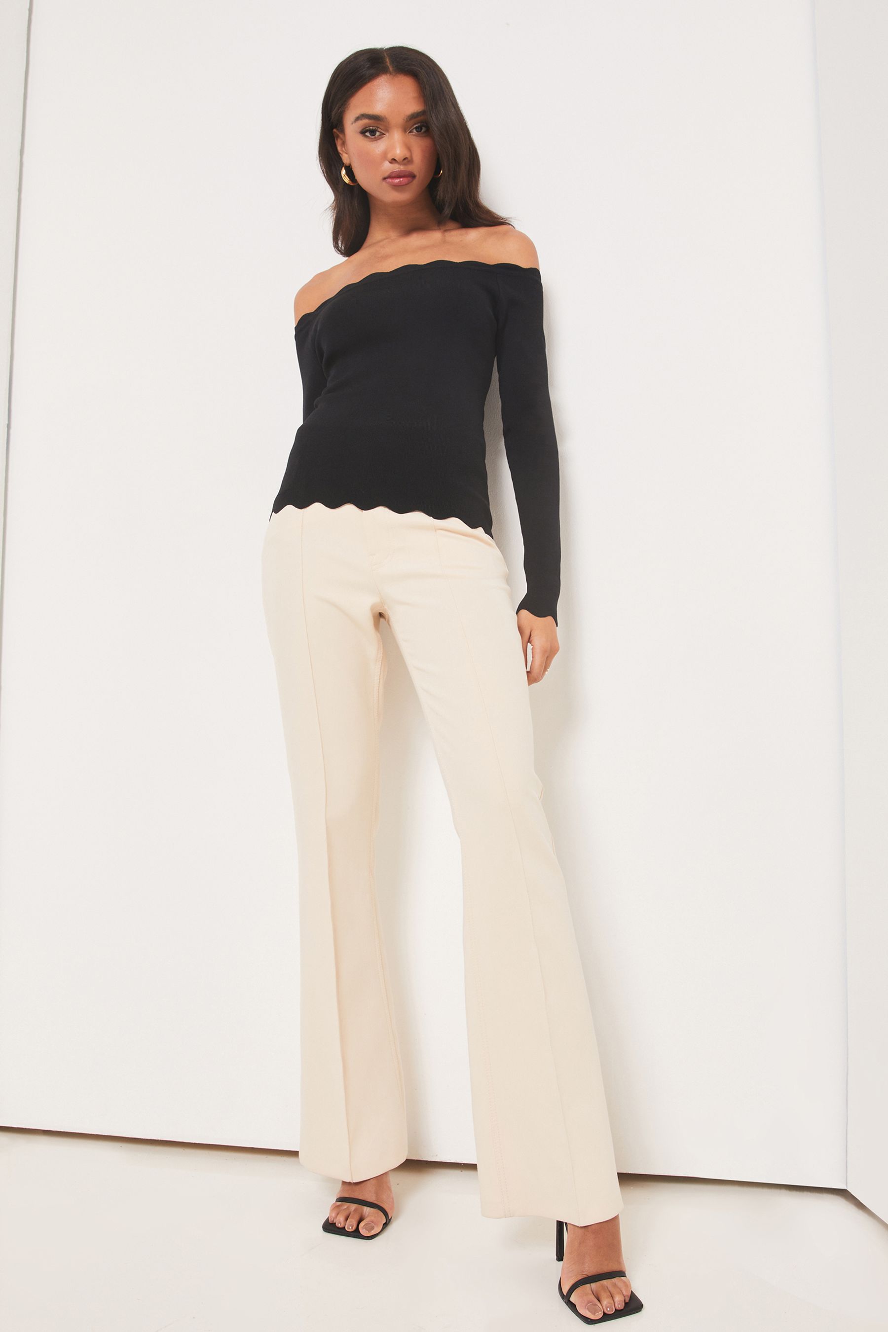 Buy Lipsy Black Scallop Long Sleeve Bardot Knitted Top from Next Luxembourg