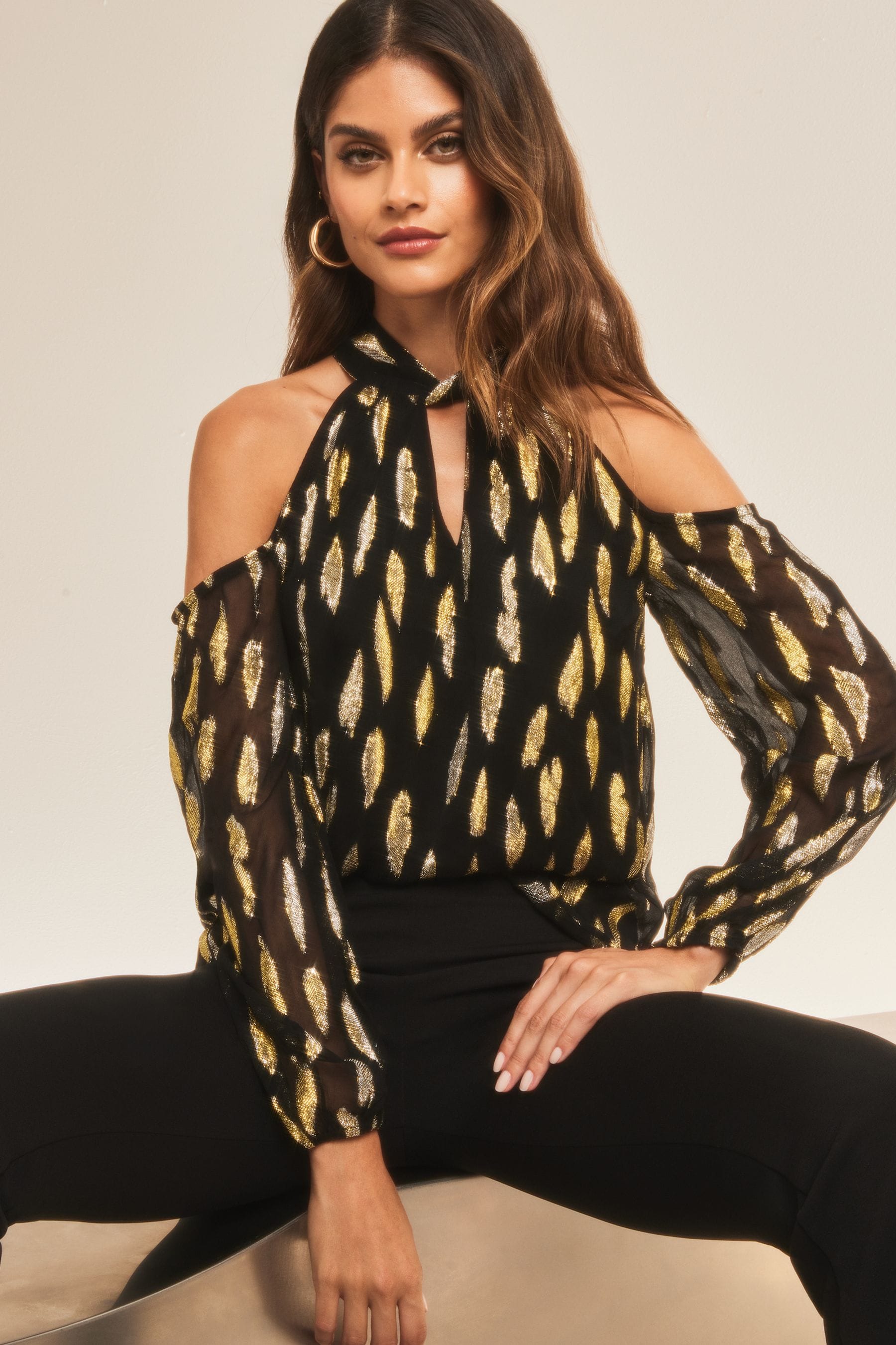 Buy Lipsy Black Foil Metallic Petite Cold Shoulder Long Sleeve Top from Next Luxembourg