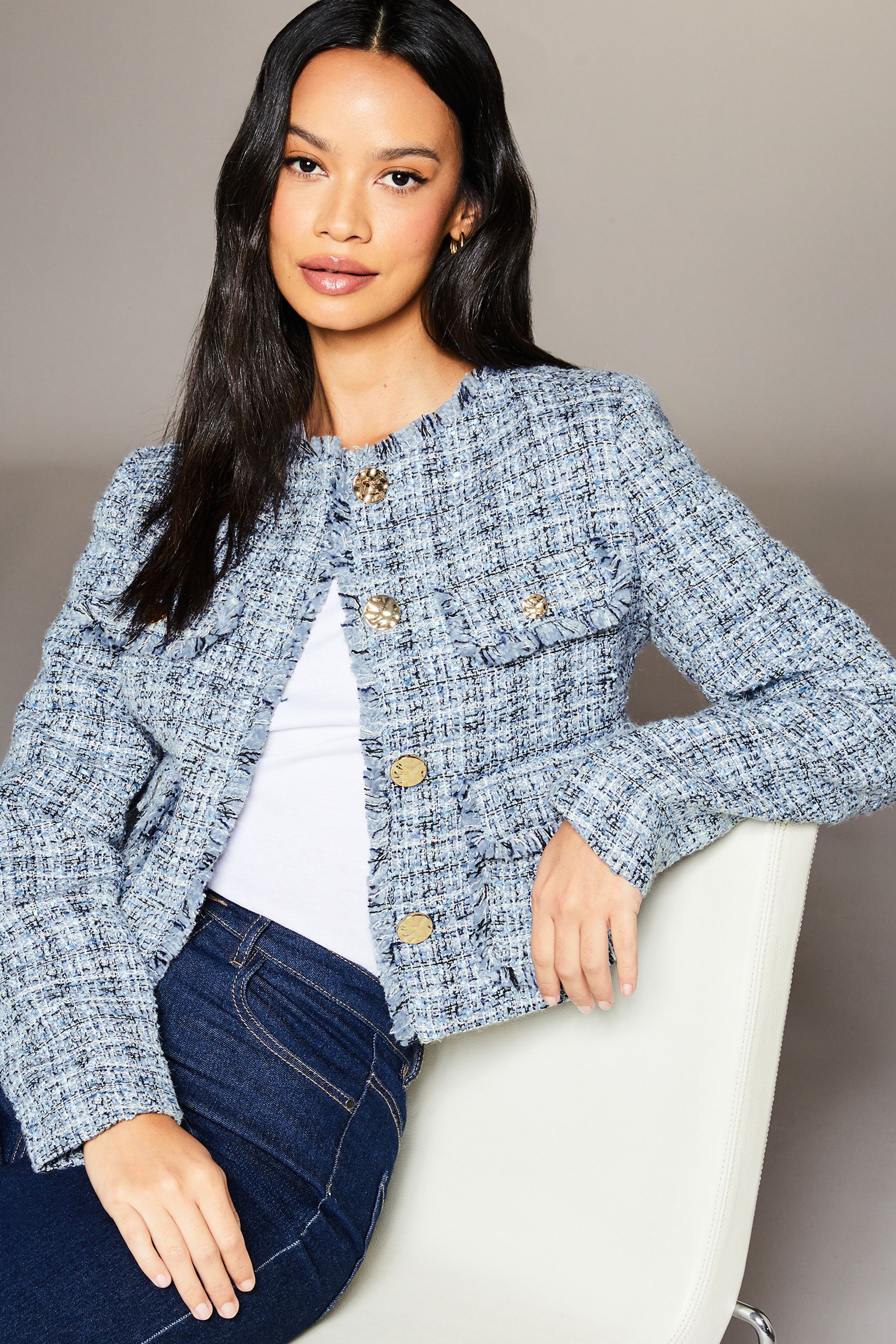 Buy Lipsy Blue Boucle Cropped Tailored Button Through Blazer Jacket from Next United Arab Emirates