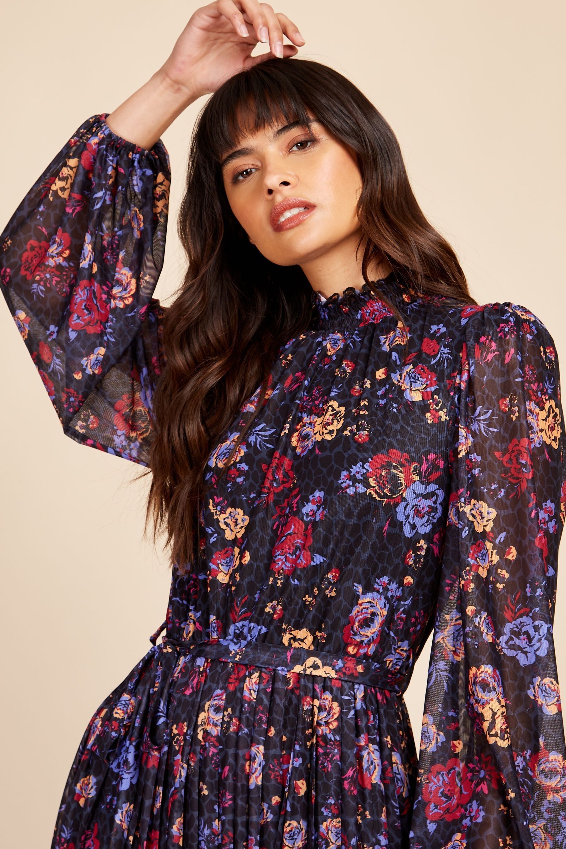 Buy Little Mistress Black Pink Purple Floral Mesh Pleated Midi Dress from Next Slovenia