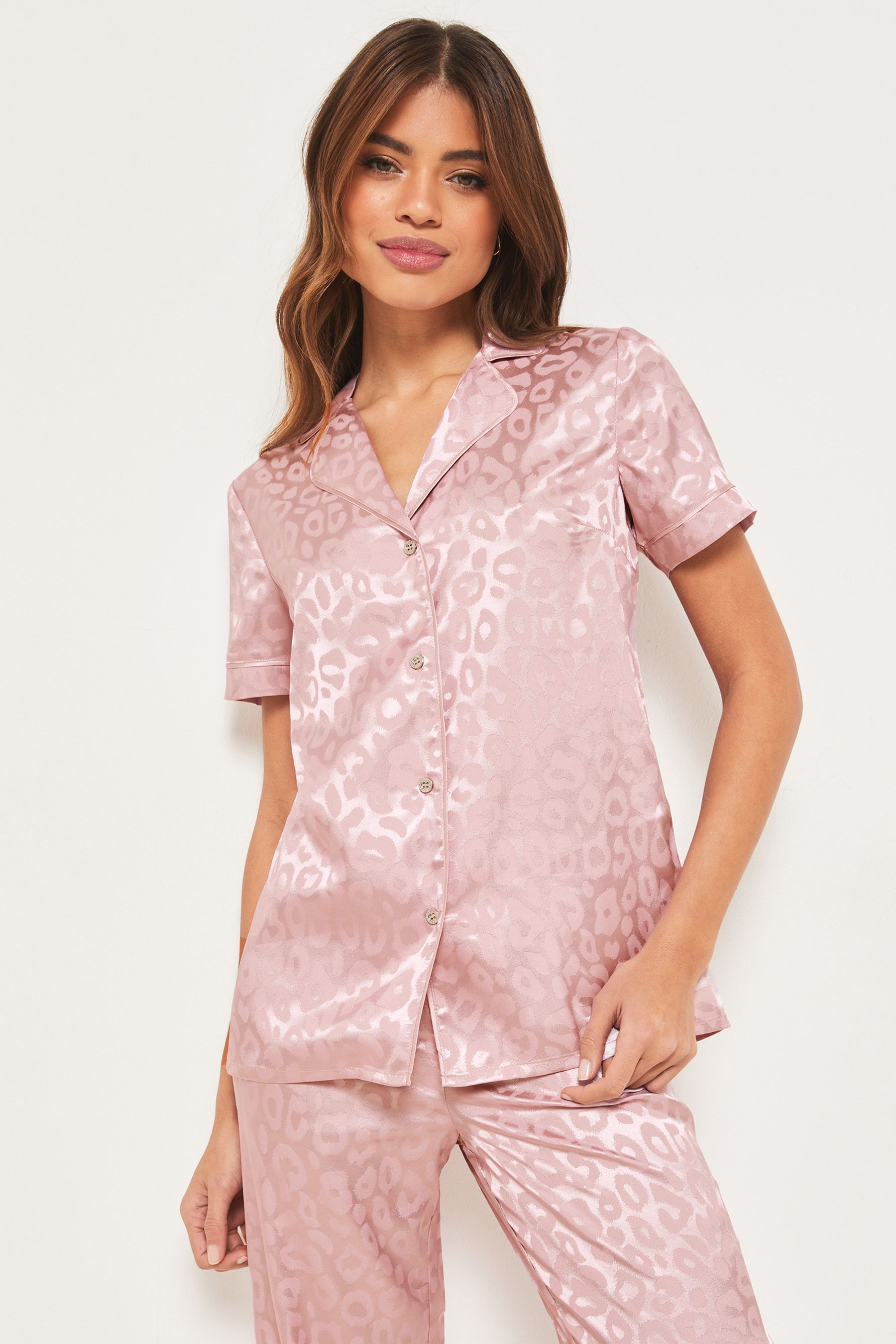 Buy Lipsy Light Pink Satin Short Sleeve Shirt and Trouser Pyjama Set from Next Luxembourg