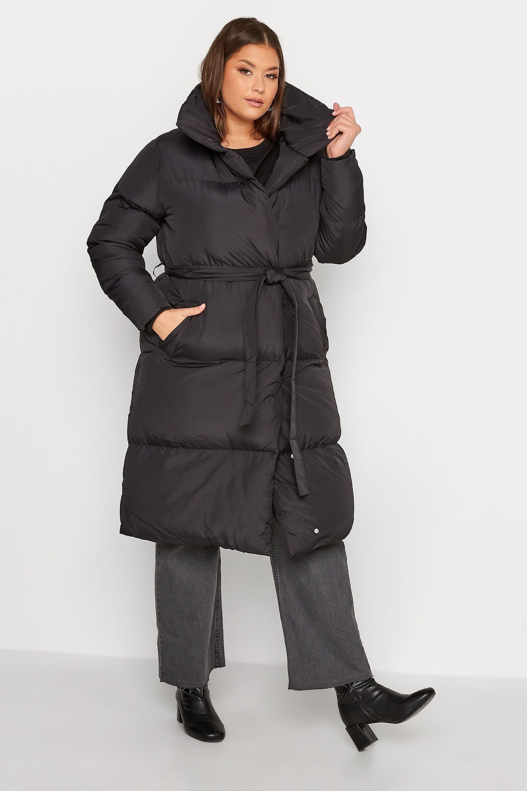Black belted puffer coat outlet