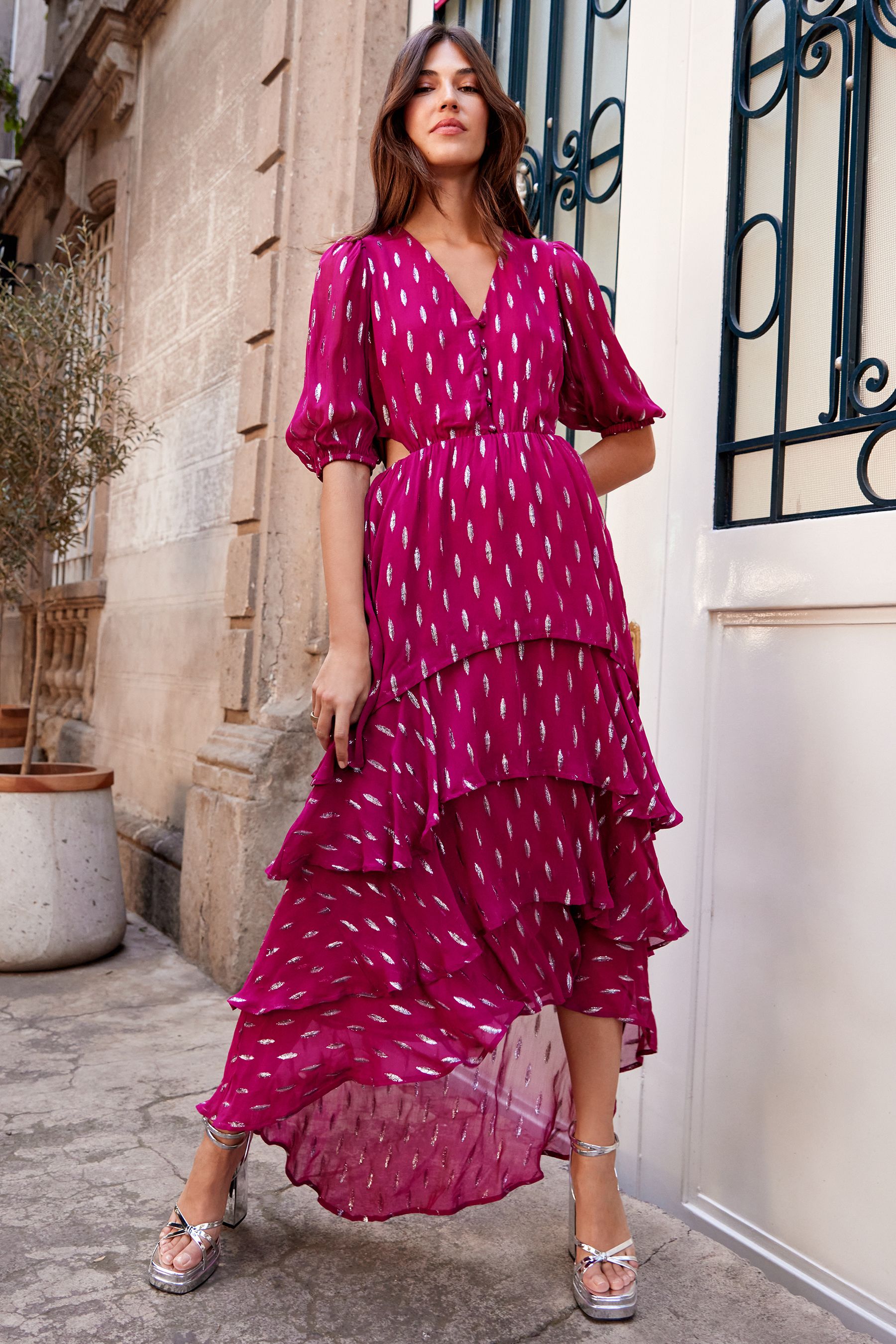 Buy Love Roses Pink Metallic Ruffle Maxi Dress from Next Luxembourg