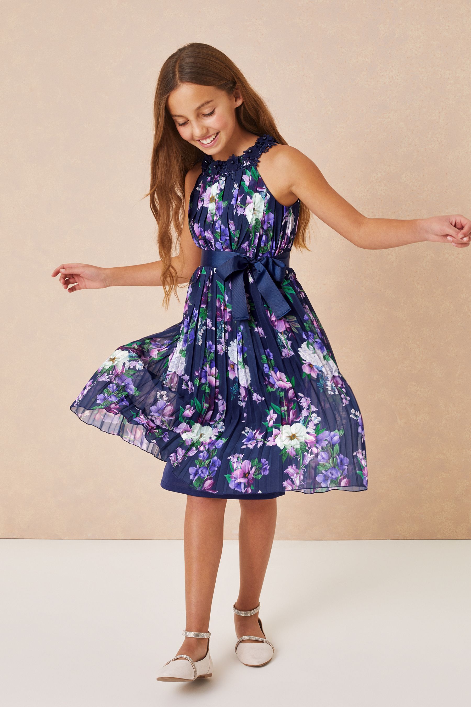 Buy Lipsy Navy Floral Pleated Chiffon Occasion Dress from Next Luxembourg