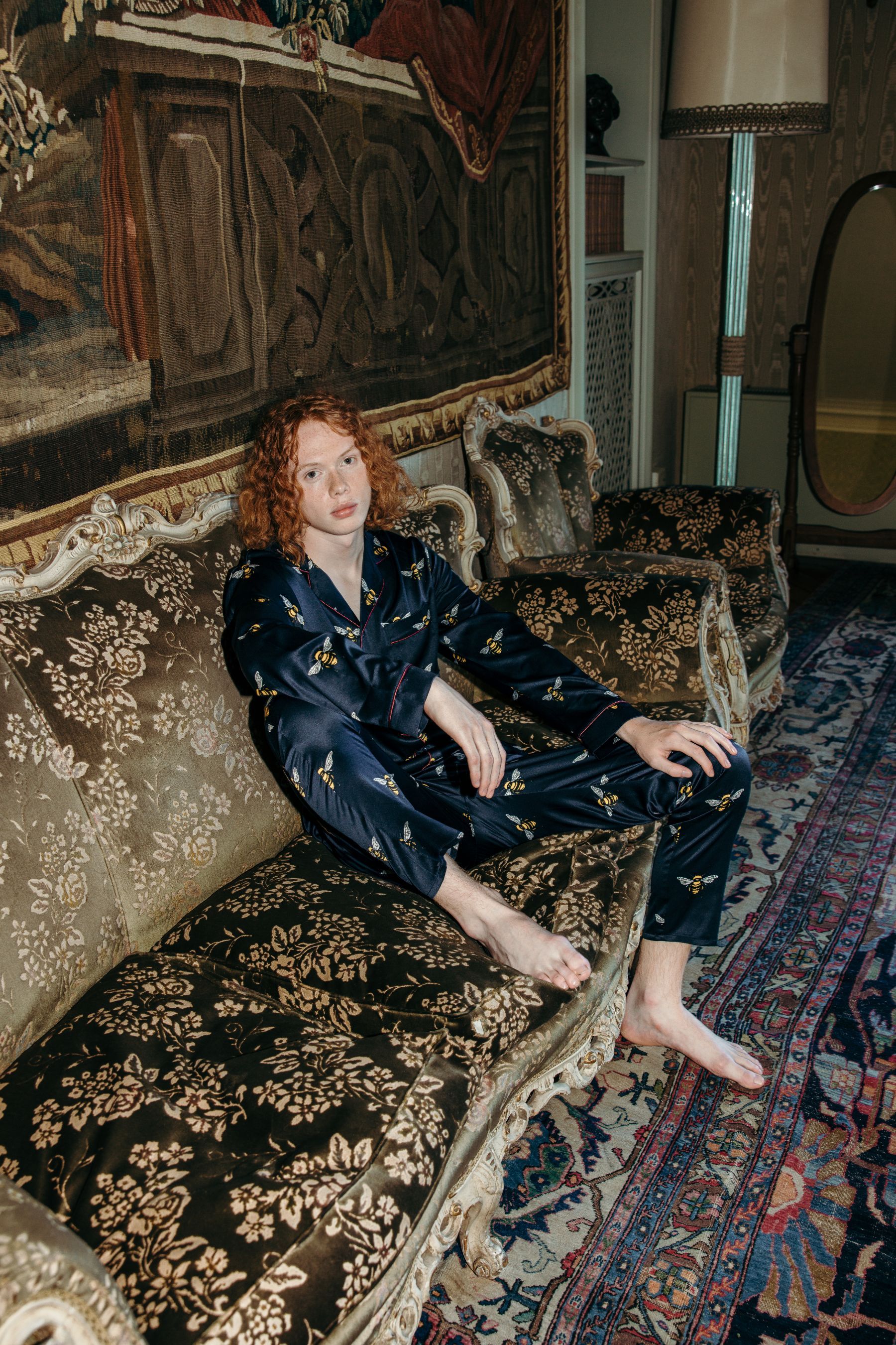 Buy Chelsea Peers Blue Bee Satin Button Up Long Pyjama Set from Next Luxembourg