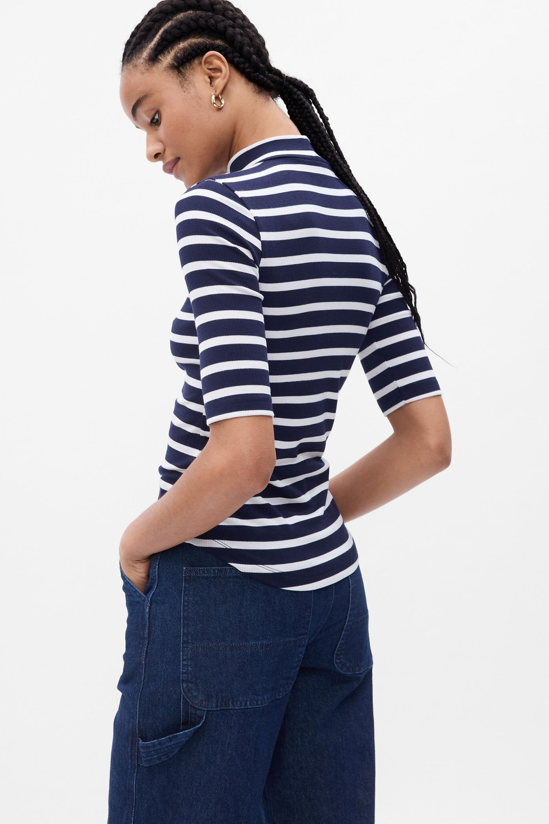 Gap Navy/Blue Ribbed Stripe Short Sleeve Mock Neck T-Shirt - Image 2 of 2