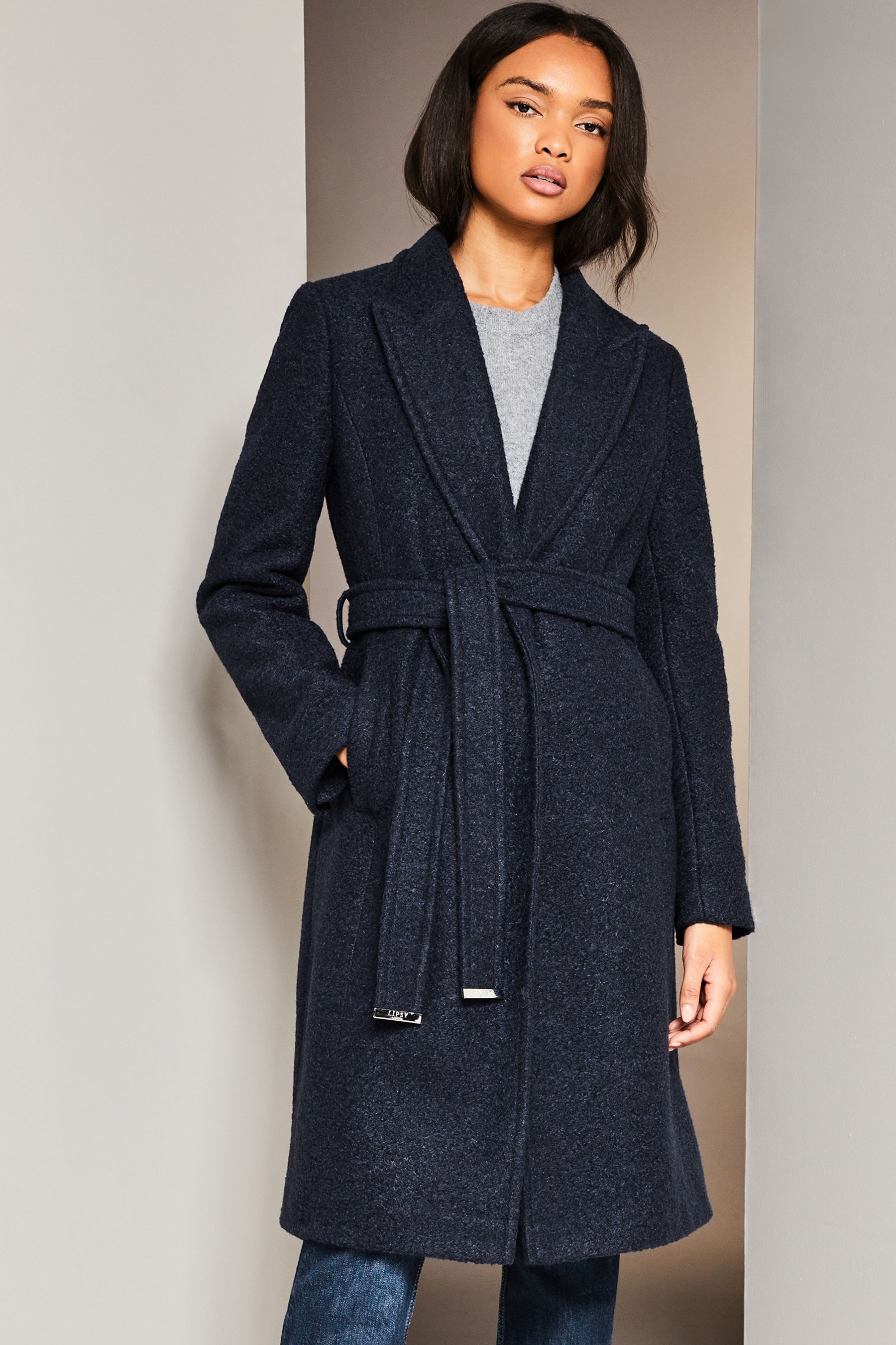 Buy Lipsy Navy Blue Relaxed Belted Boucle Smart Wrap Trench Coat from Next Belgium