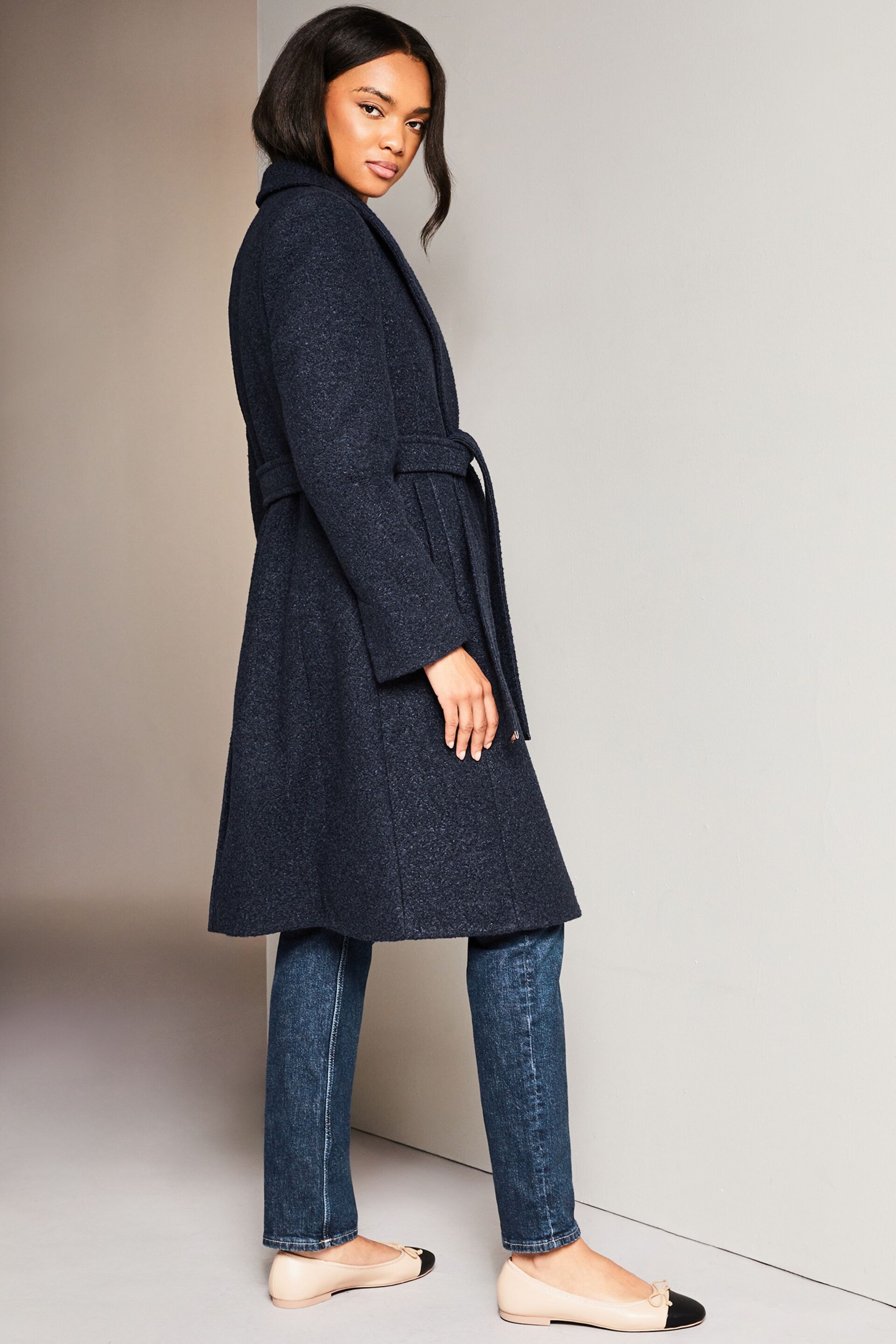 Lipsy Navy Blue Relaxed Belted Boucle Smart Wrap Trench Coat - Image 3 of 4