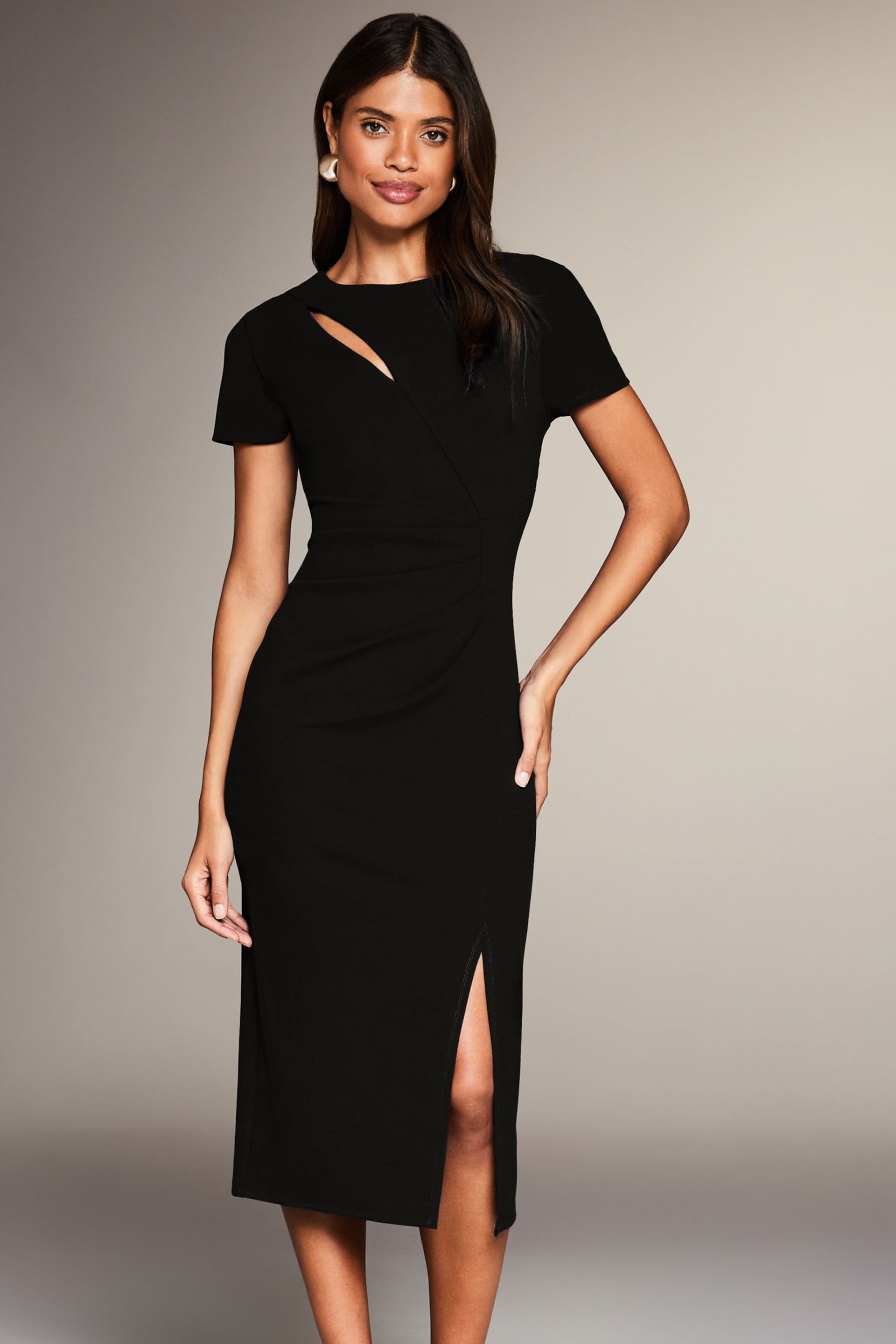 Lipsy Black Cut Out Ruched Shortss Sleeve Bodycon Dress - Image 3 of 4