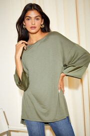 Friends Like These Khaki Green Soft Jersey Long Sleeve Satin Trim Tunic Top - Image 1 of 4