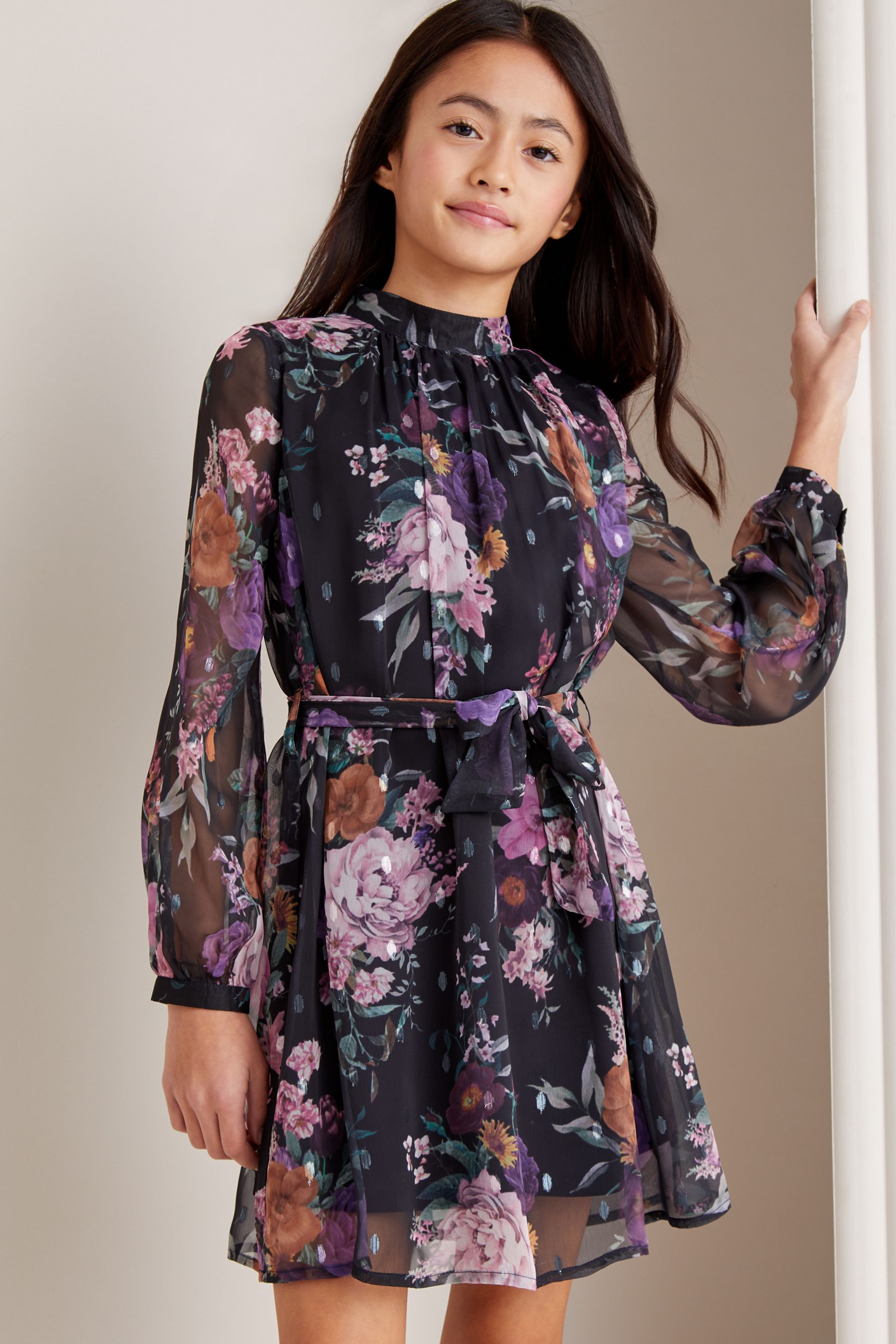 Buy Lipsy Black Floral Long Sleeve Chiffon Shift Dress from Next Luxembourg