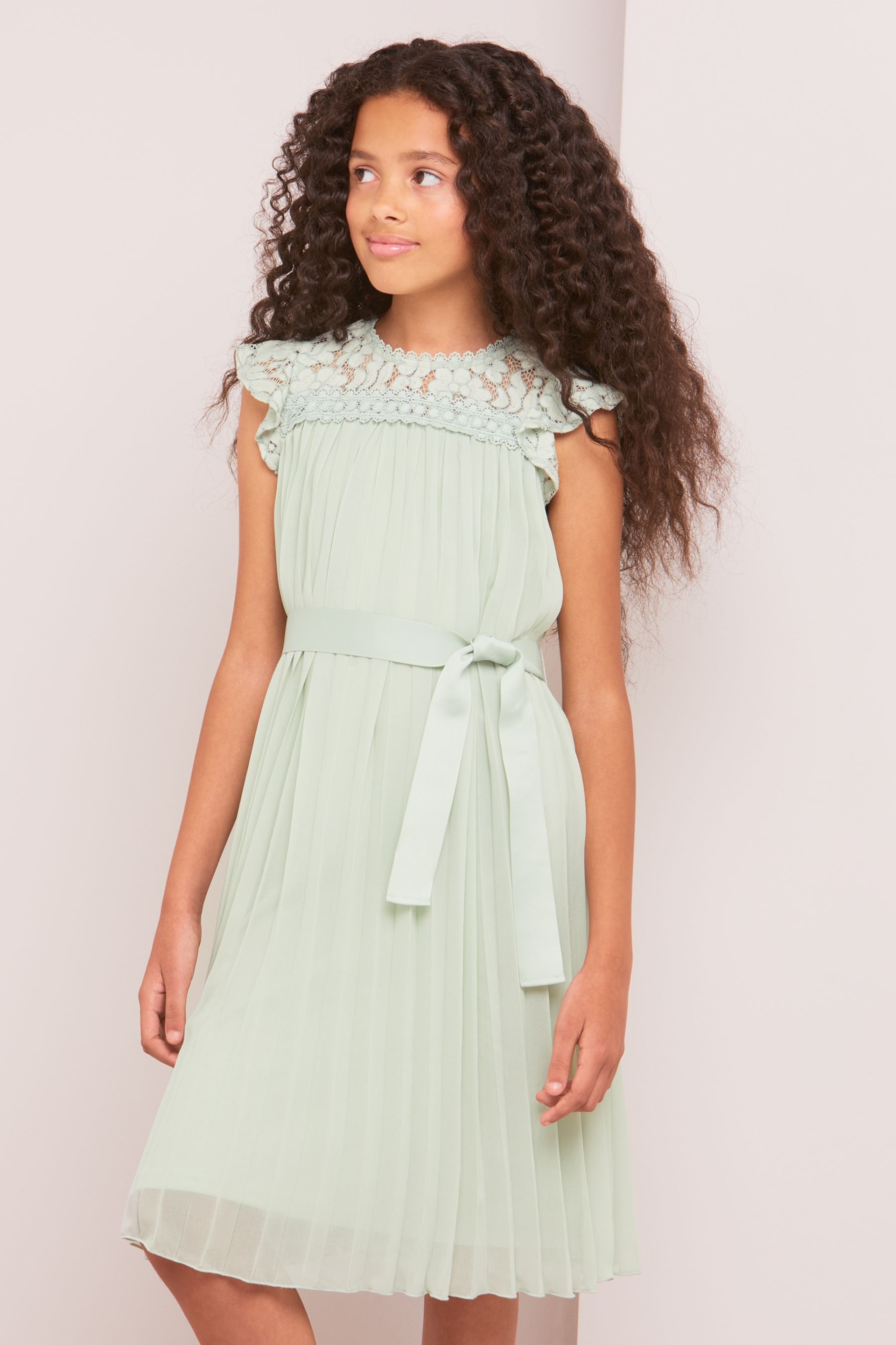 Lipsy Sage Green Lace Yolk Pleated Occasion Dress - Image 1 of 3