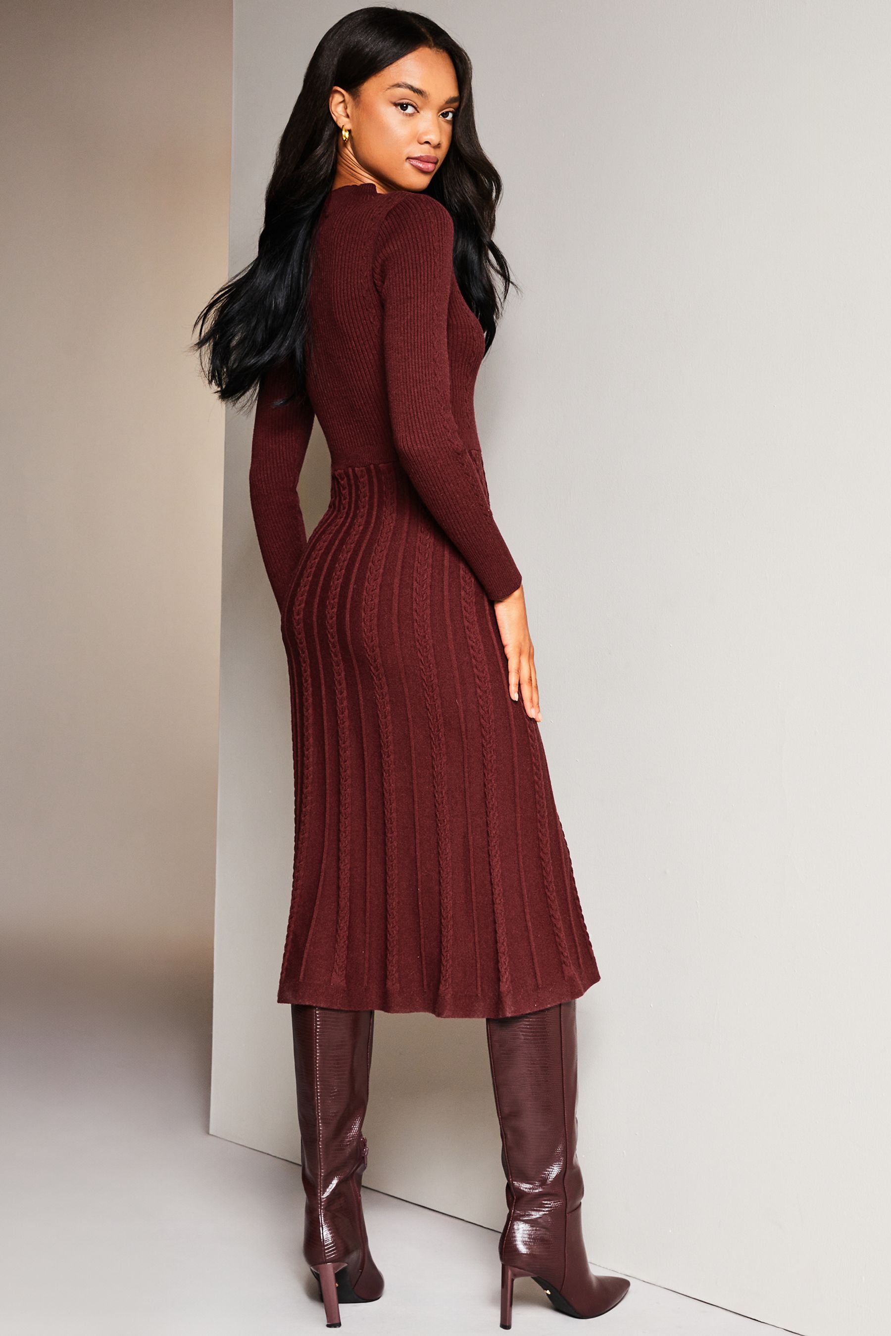Buy Lipsy Berry Red Long Sleeve Fit and Flare Cable Knitted Dress from Next Luxembourg