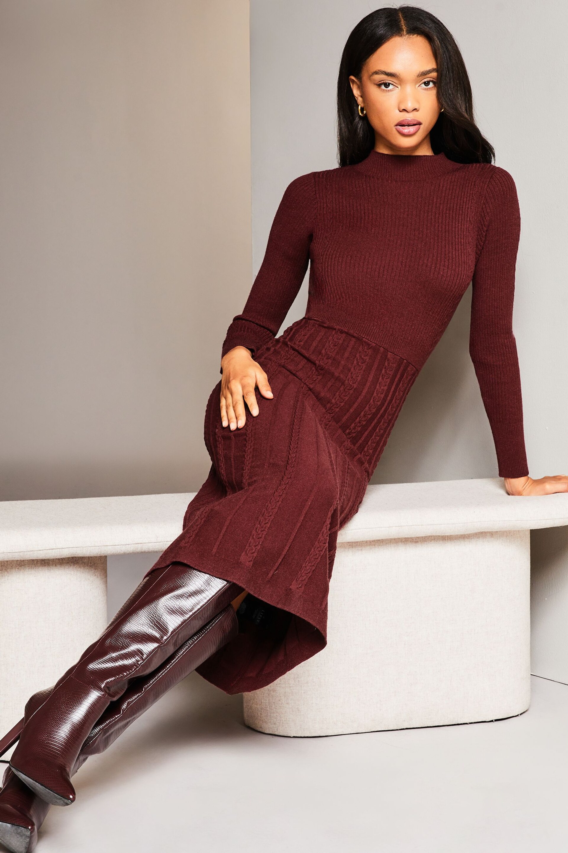 Lipsy Berry Red Long Sleeve Fit and Flare Cable Knitted Dress - Image 3 of 4