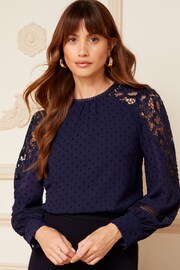 Love & Roses Navy Blue Long Sleeve Lace Dobby Spot Mix Blouse - Image 1 of 4