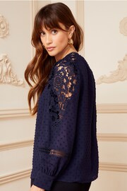 Love & Roses Navy Blue Long Sleeve Lace Dobby Spot Mix Blouse - Image 3 of 4