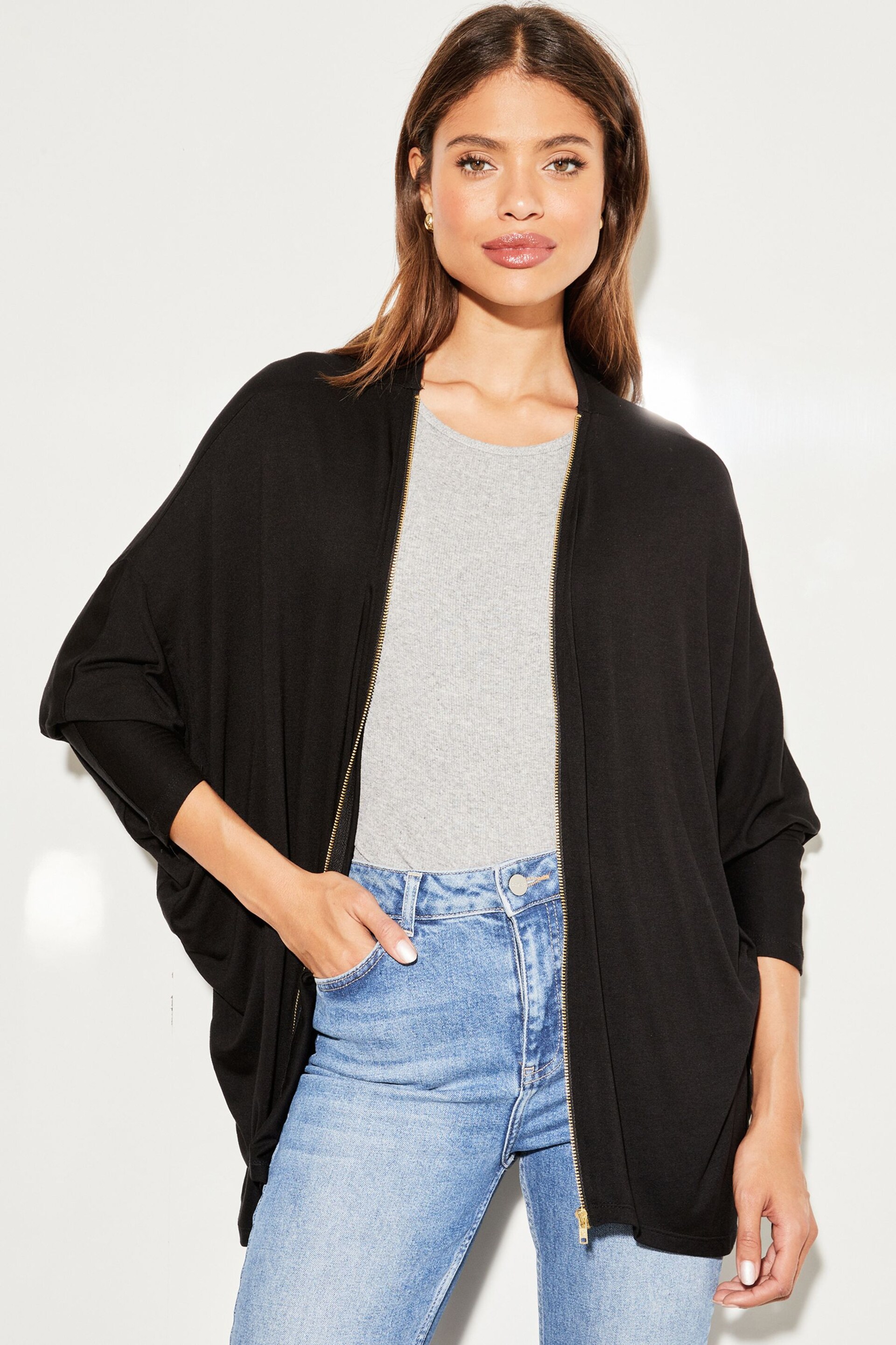 Lipsy Black Long Sleeve Zip Batwing Cardigan - Image 1 of 4