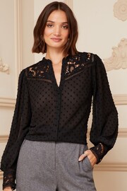 Love & Roses Black Lace Yoke Ruffle Neck Button Through Blouse - Image 1 of 4