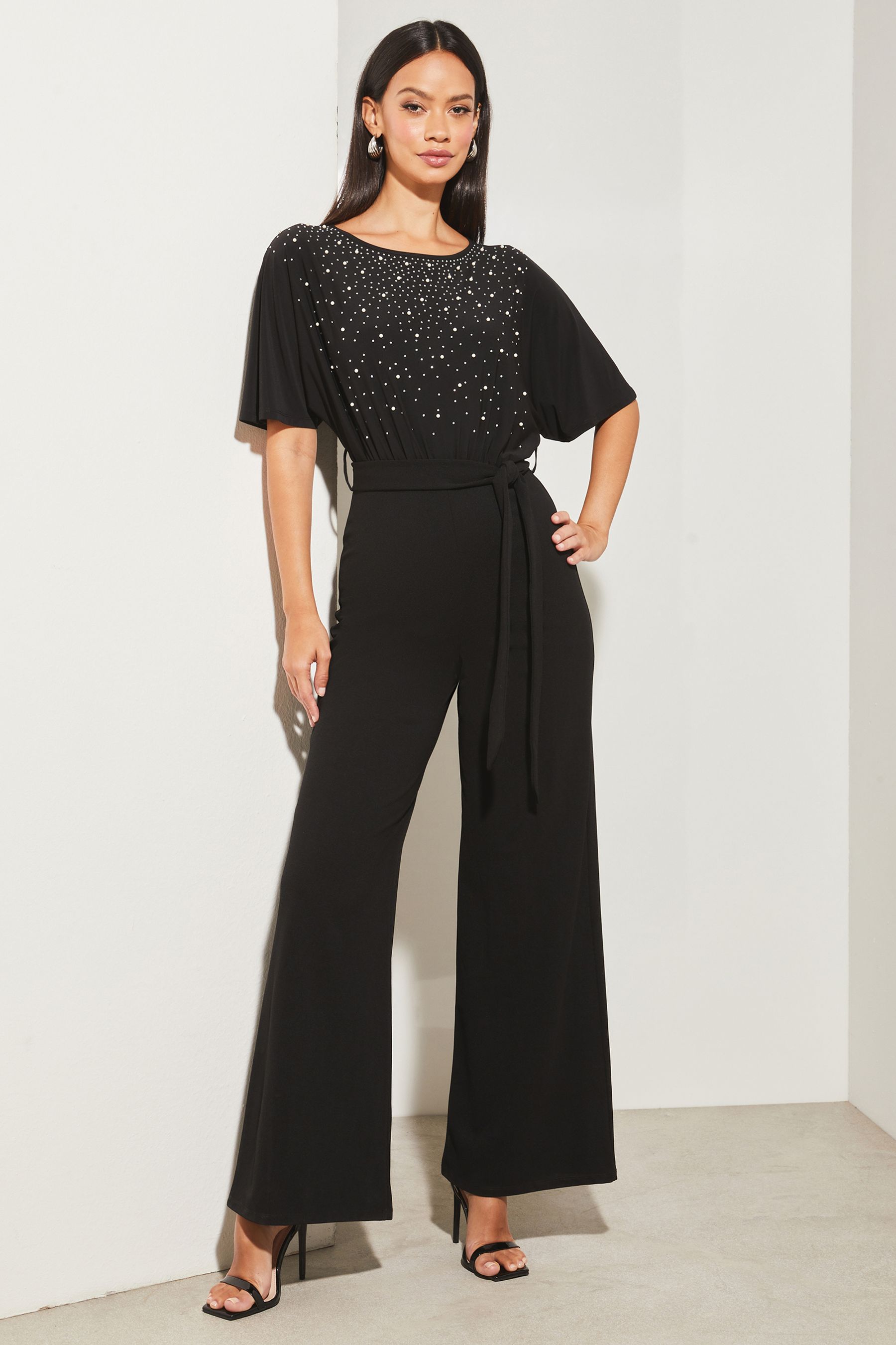 Buy Lipsy Black Hotfix Belted Wide Leg Flutter Sleeve Jumpsuit from Next Luxembourg