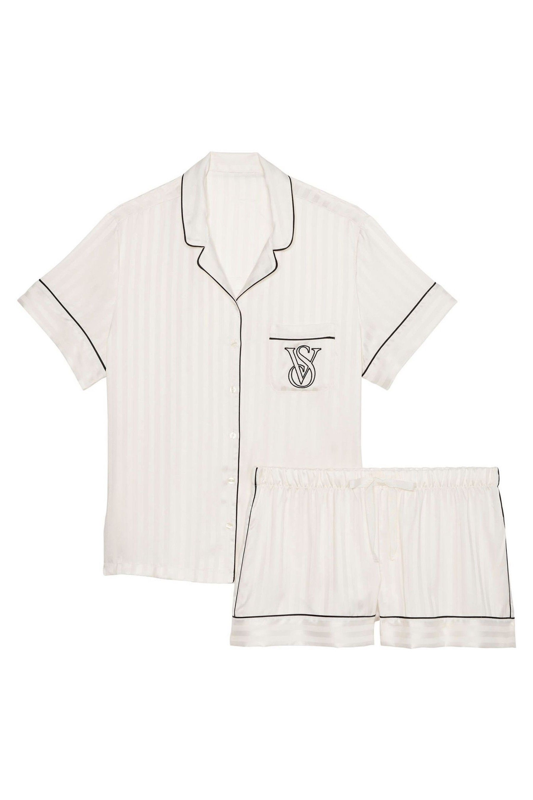 Buy Victoria s Secret White Logo Stripe Satin Short Pyjama Set from the Next UK online shop