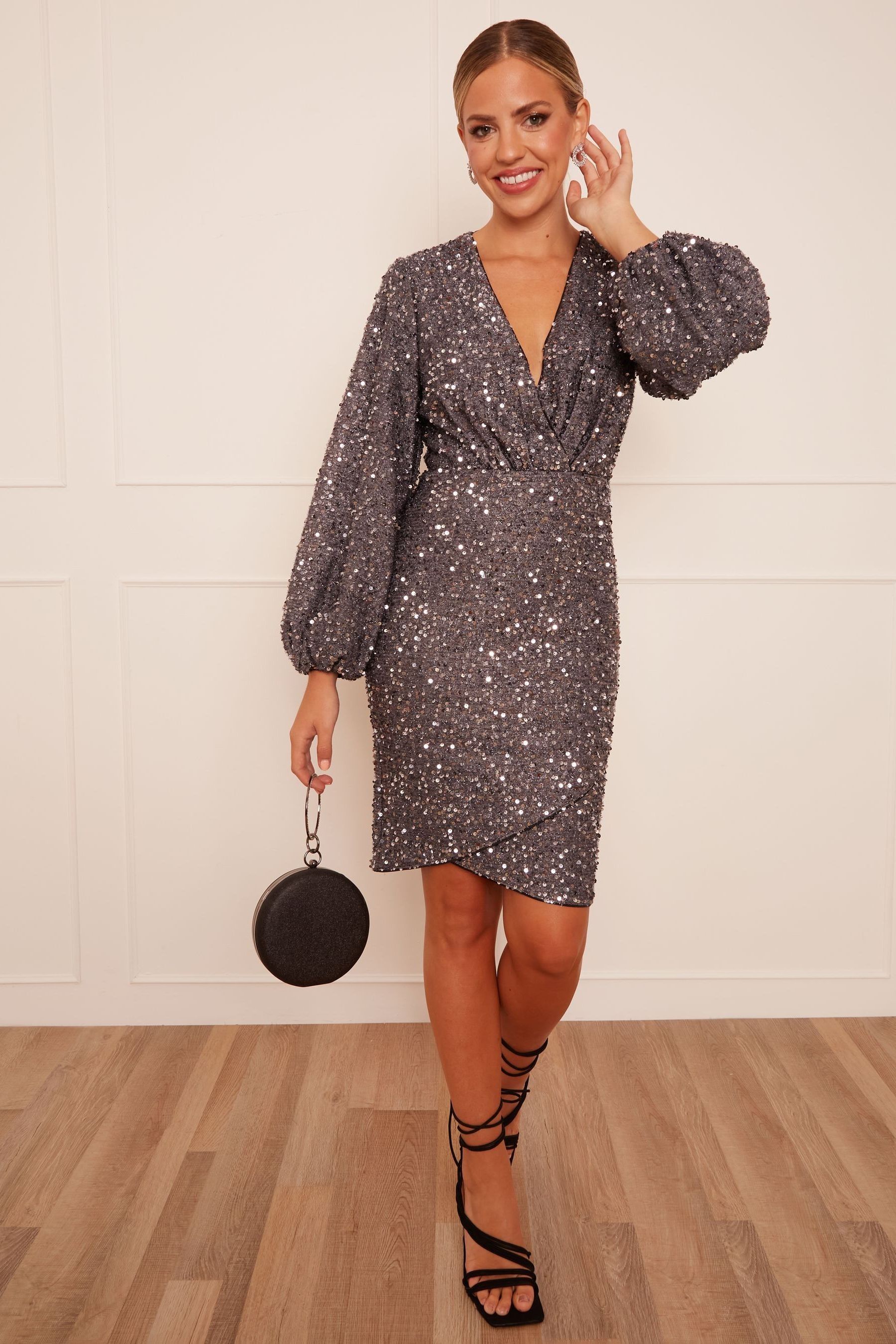 Buy Chi Chi London Grey Long Sleeve Plunge Sequin Bodycon Mini Dress from Next Luxembourg