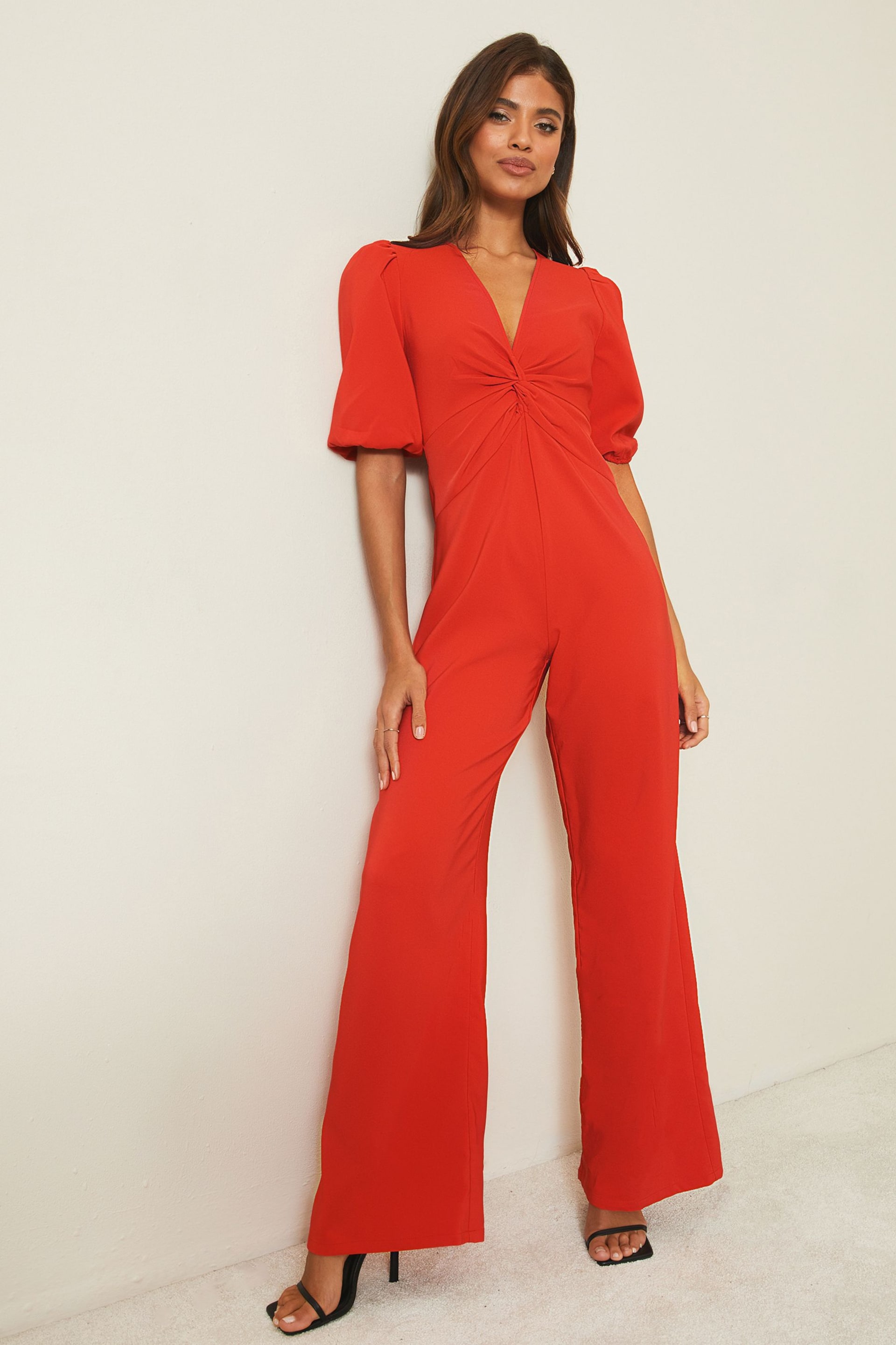 Lipsy Red Knot Puff Sleeve Jumpsuit - Image 3 of 4