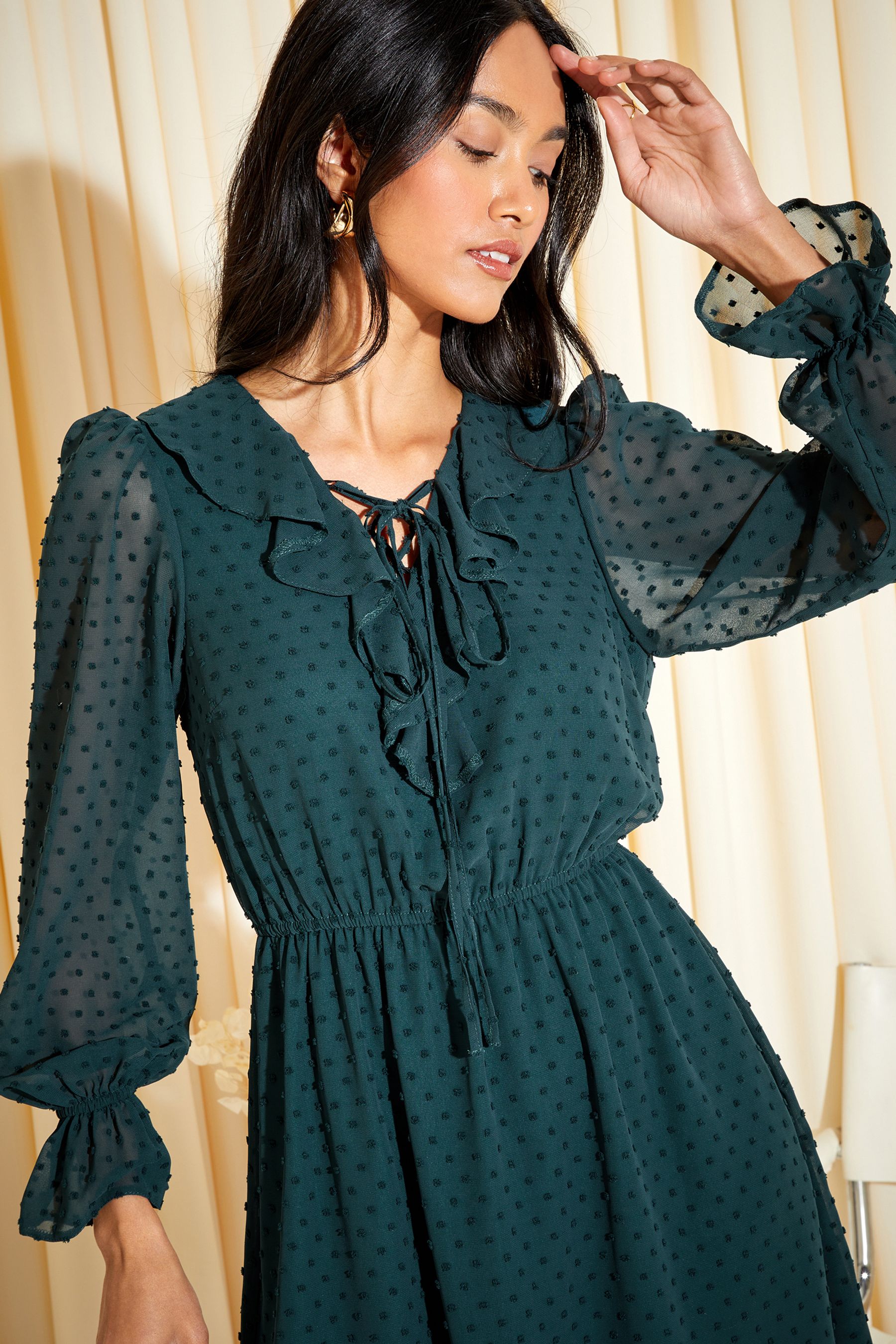 Buy Friends Like These Green Khaki Ruffle Chiffon Tie Detail Long Sleeve Mini Dress from Next Luxembourg
