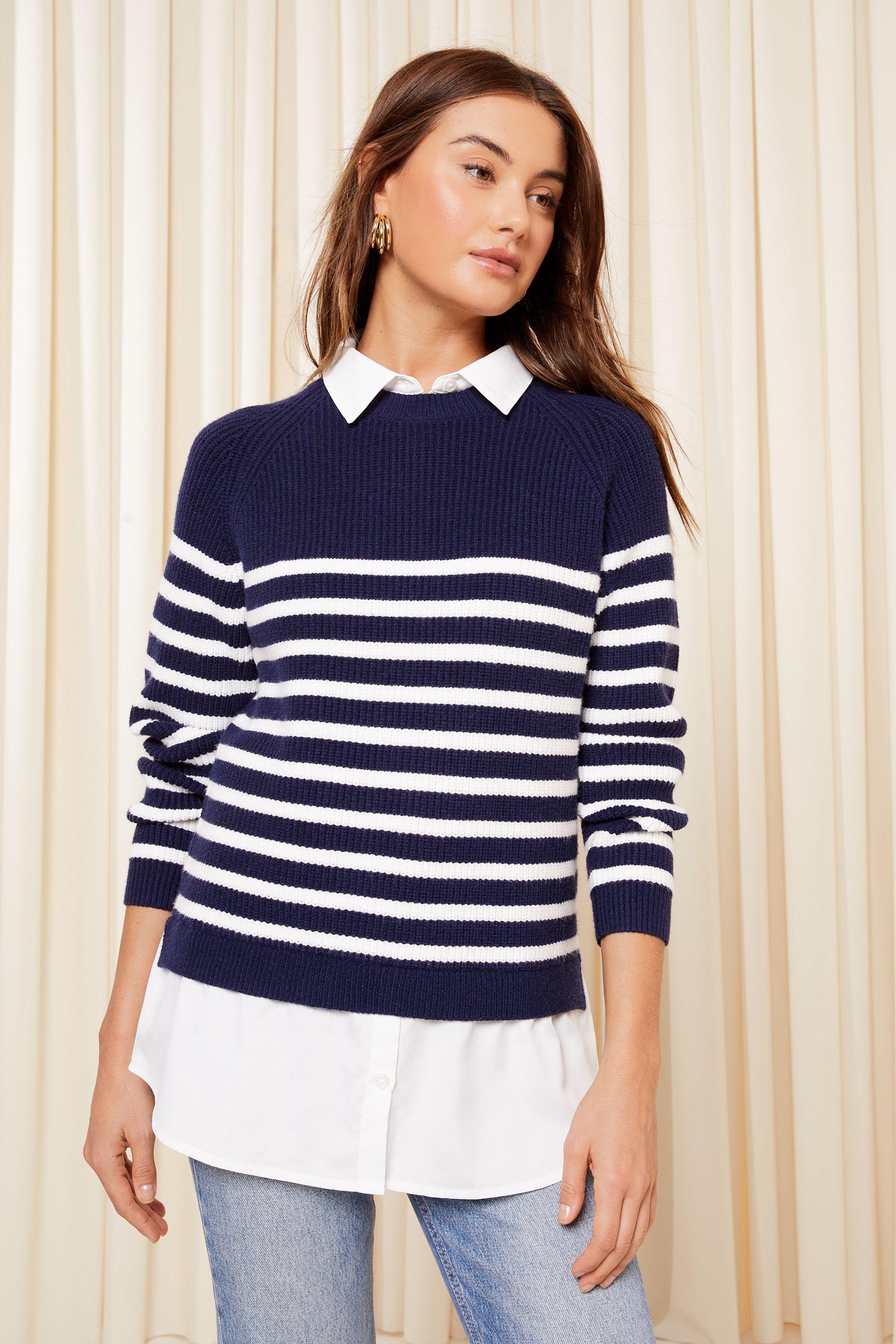 Blue jumper white shirt top