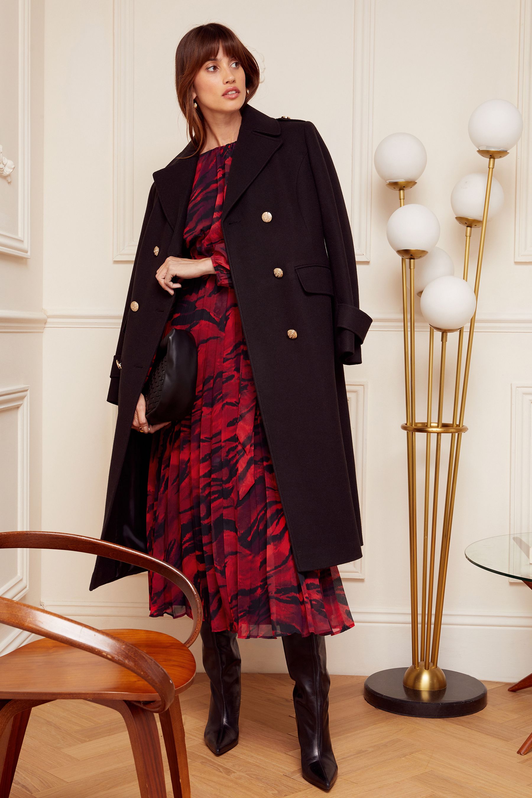 Buy Love Roses Red Black Animal Printed Belted Pleated Long Sleeve Midi Dress from Next Luxembourg