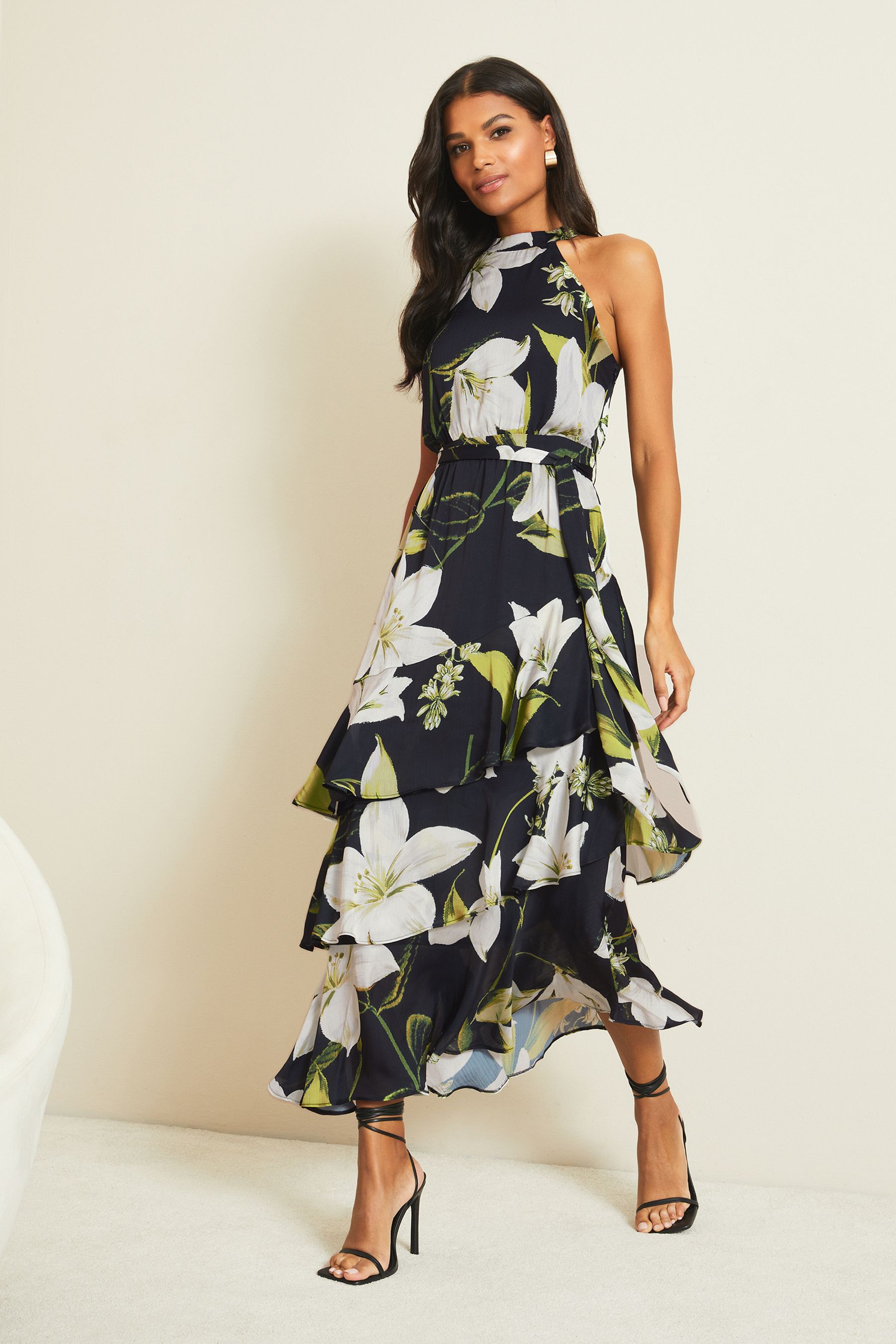 Buy Lipsy Black Printed Tiered Halter Midi Dress from Next Luxembourg