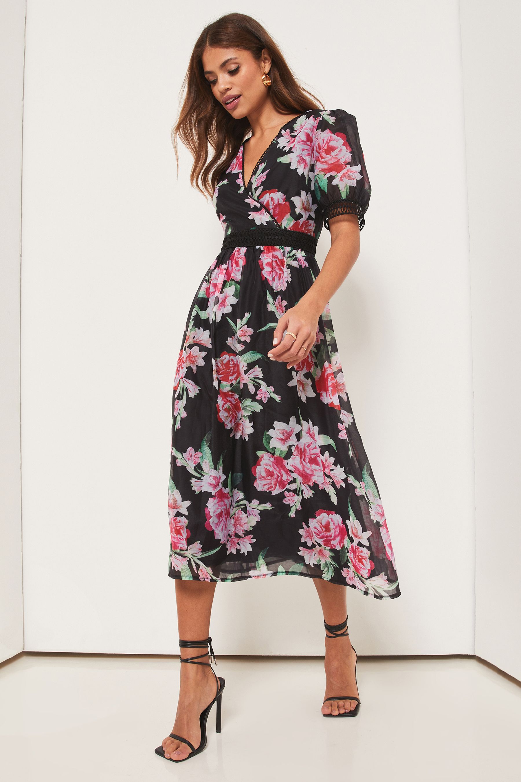 Buy Lipsy Black Floral Floral V Neck Skater Dress from Next Luxembourg